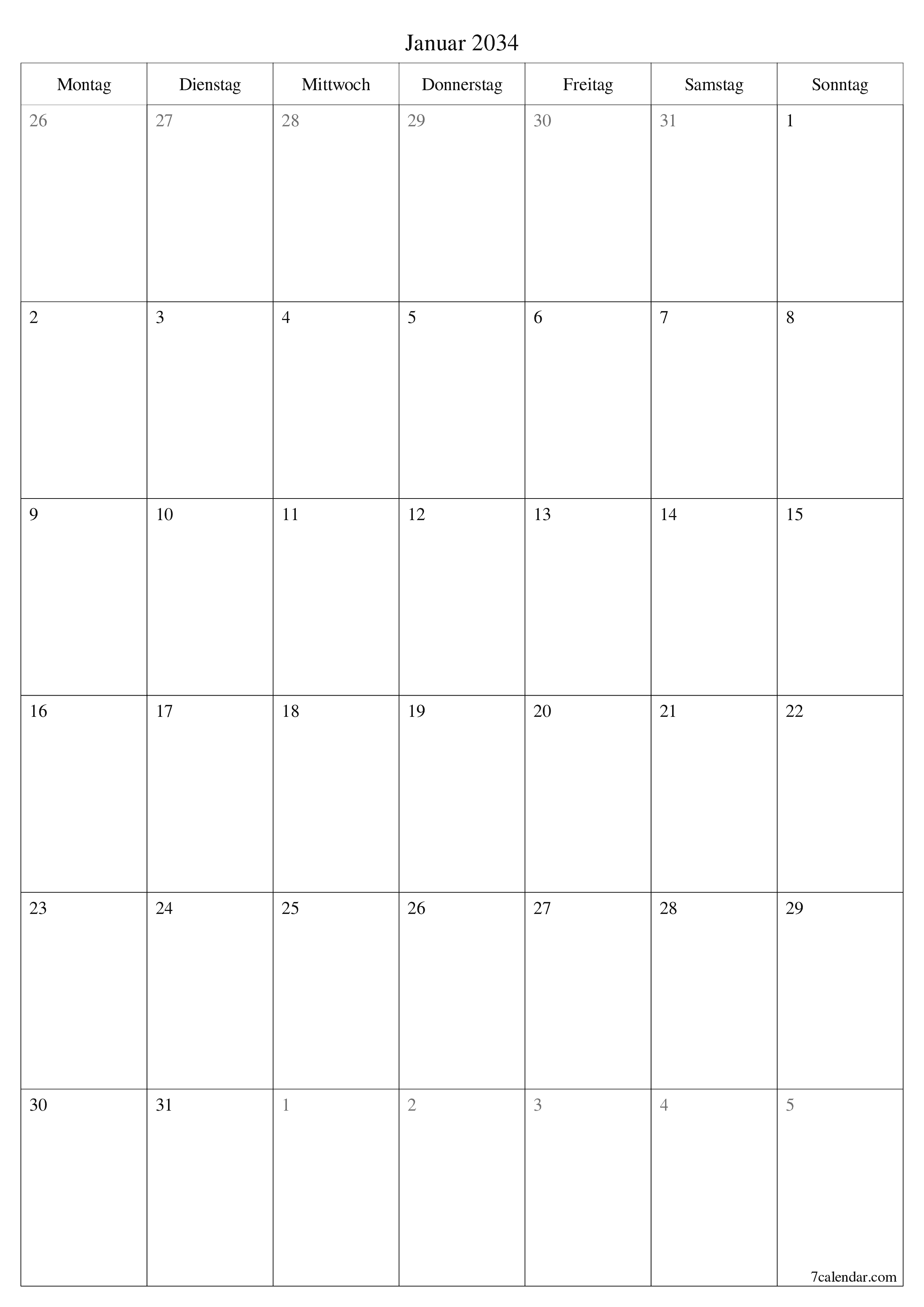  zum Ausdrucken Wandkalender vorlage kostenloser vertikal Monatlich Planer Kalender Januar (Jan) 2034