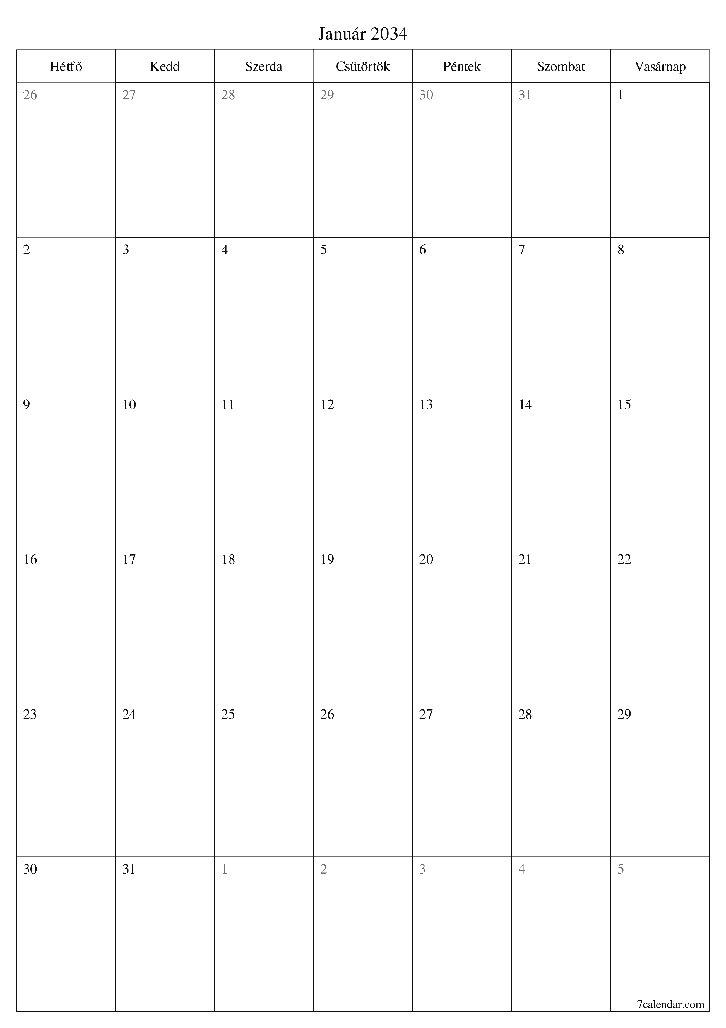 nyomtatható fali sablon ingyenes függőleges Havi tervező naptár Január (Jan) 2034