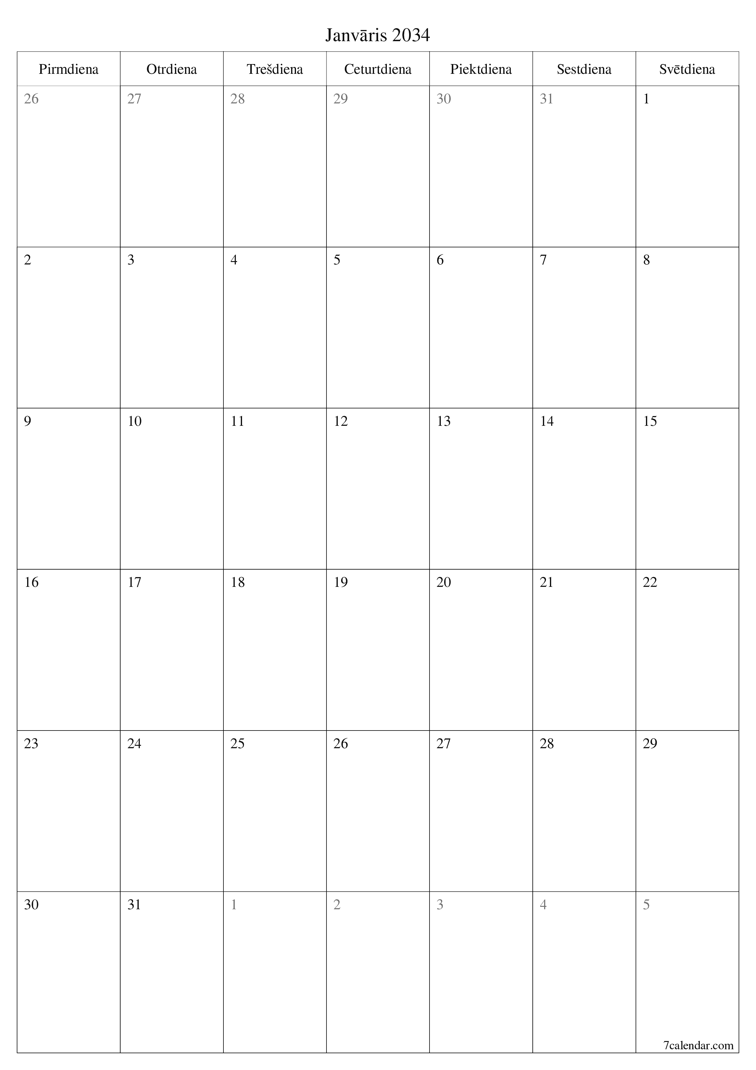 izdrukājams sienas kalendāra veidne bezmaksas vertikāli Mēneša plānotājs kalendārs Janvāris (Jan) 2034