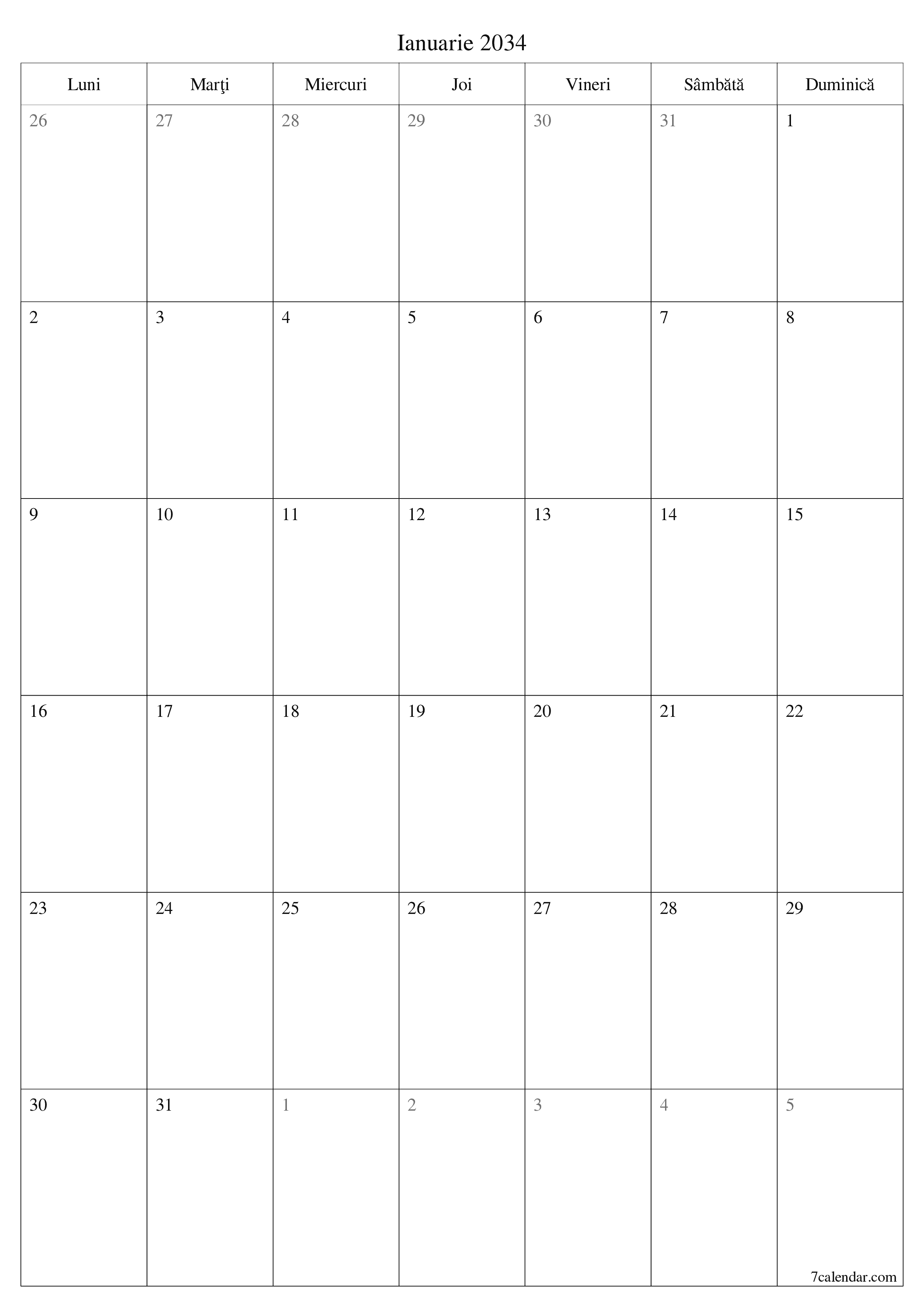  imprimabil de perete șablon de gratuitvertical Lunar planificator calendar Ianuarie (Ian) 2034