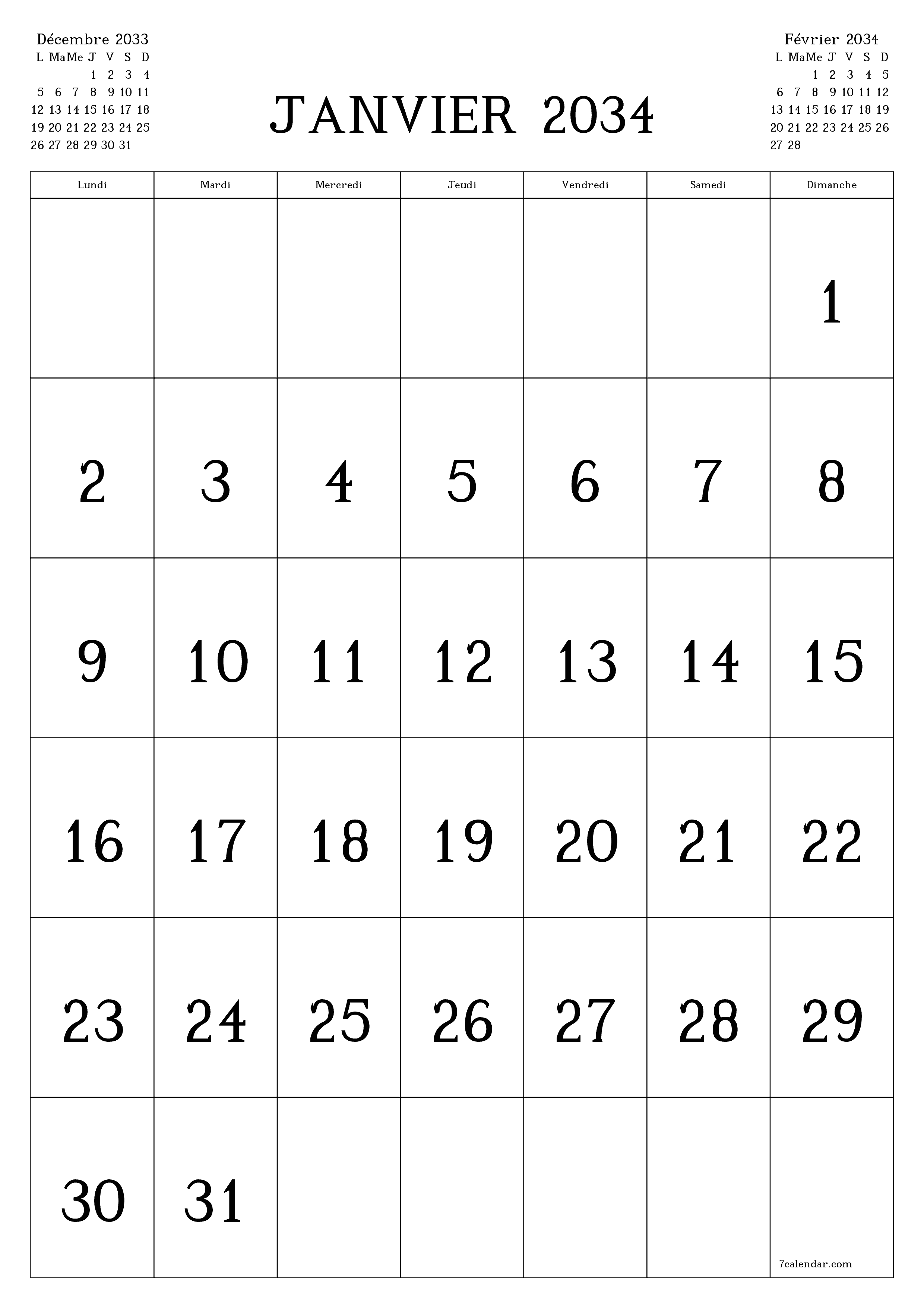  imprimable mural modèle de gratuitverticale Mensuel calendrier Janvier (Jan) 2034