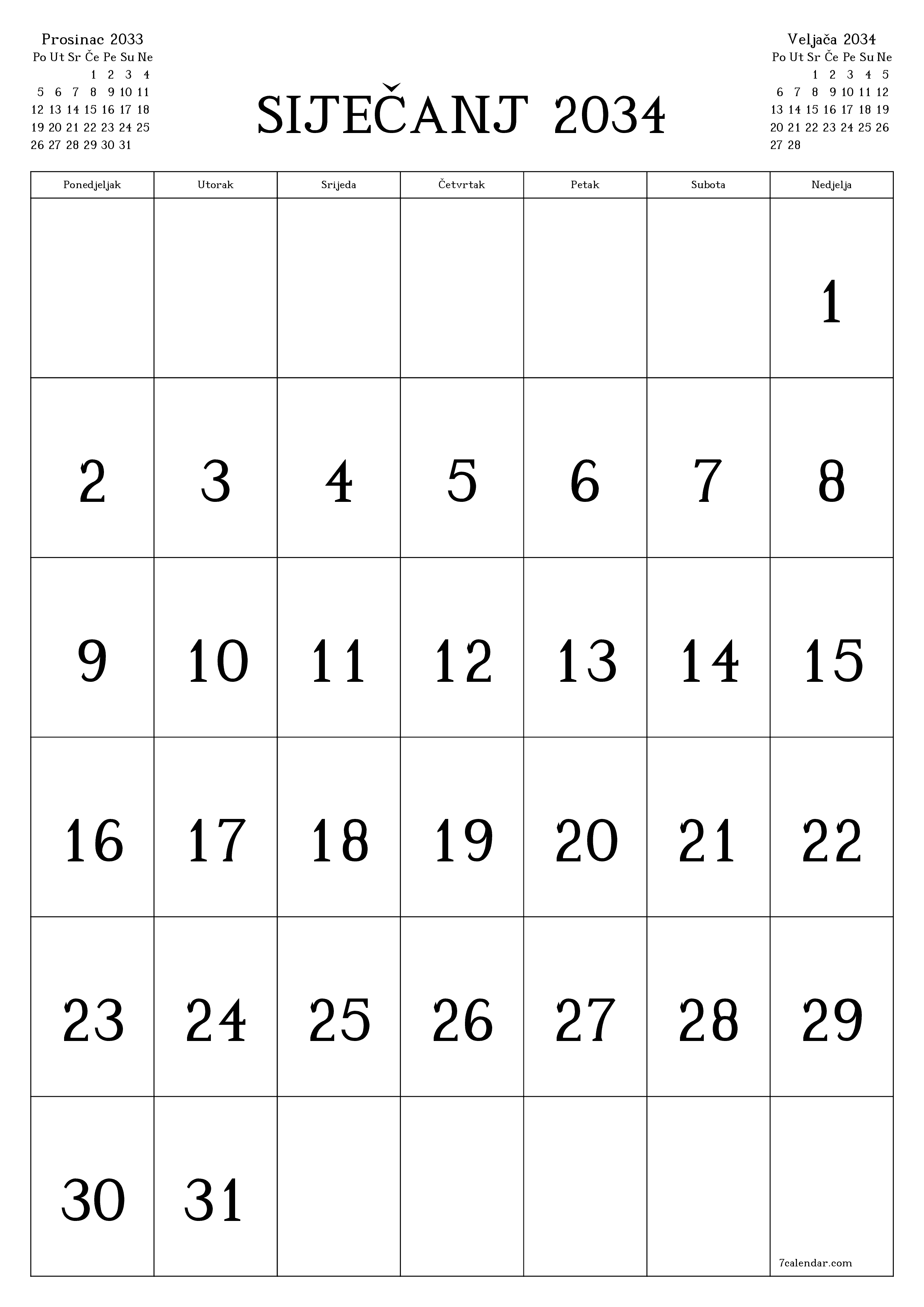  za ispis zidni predložak a besplatni okomito Mjesečni kalendar Siječanj (Sij) 2034