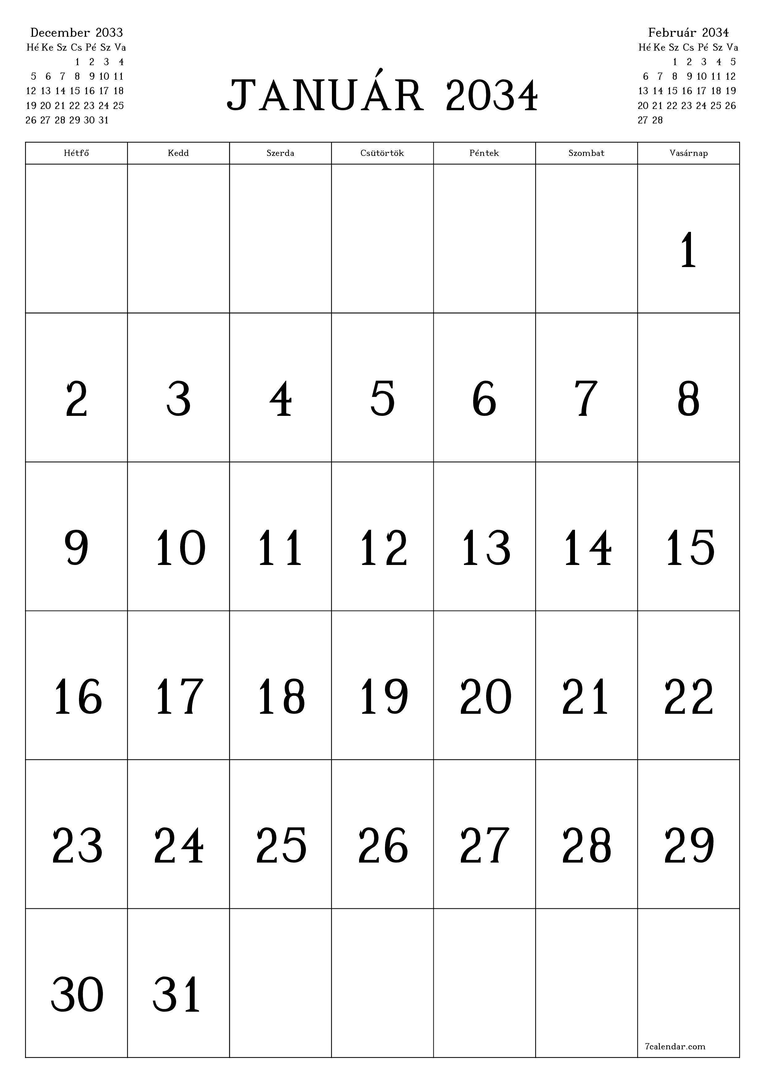 nyomtatható fali sablon ingyenes függőleges Havi naptár Január (Jan) 2034