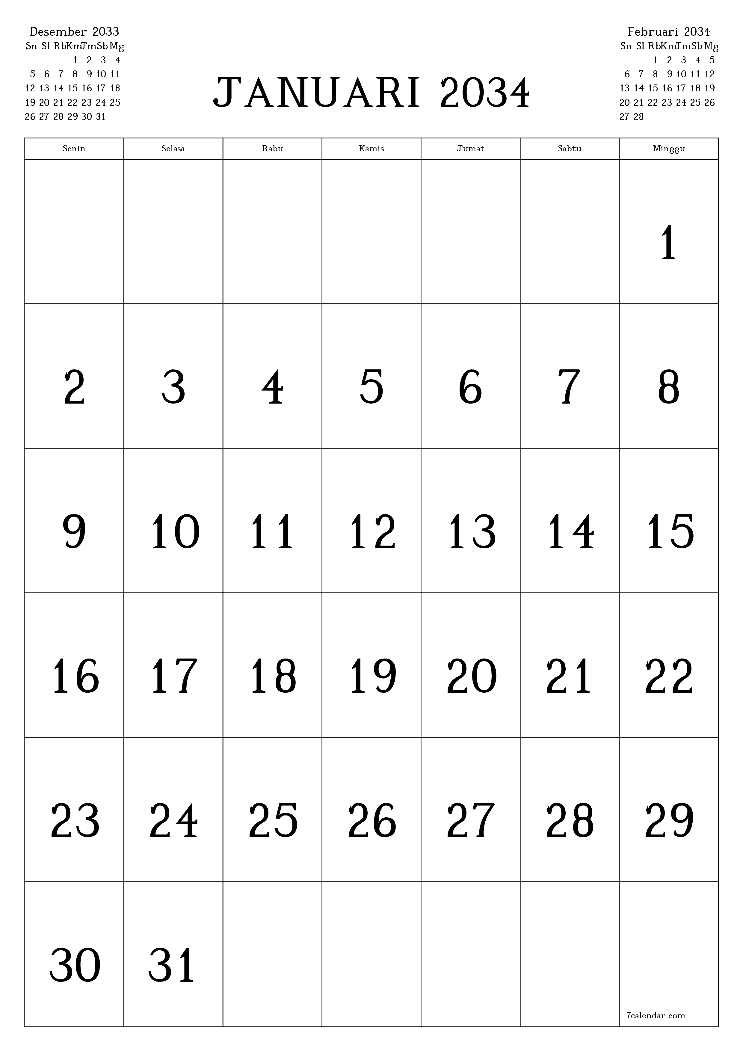  yang dapat dicetak dinding templat gratisvertikal Bulanan kalender Januari (Jan) 2034