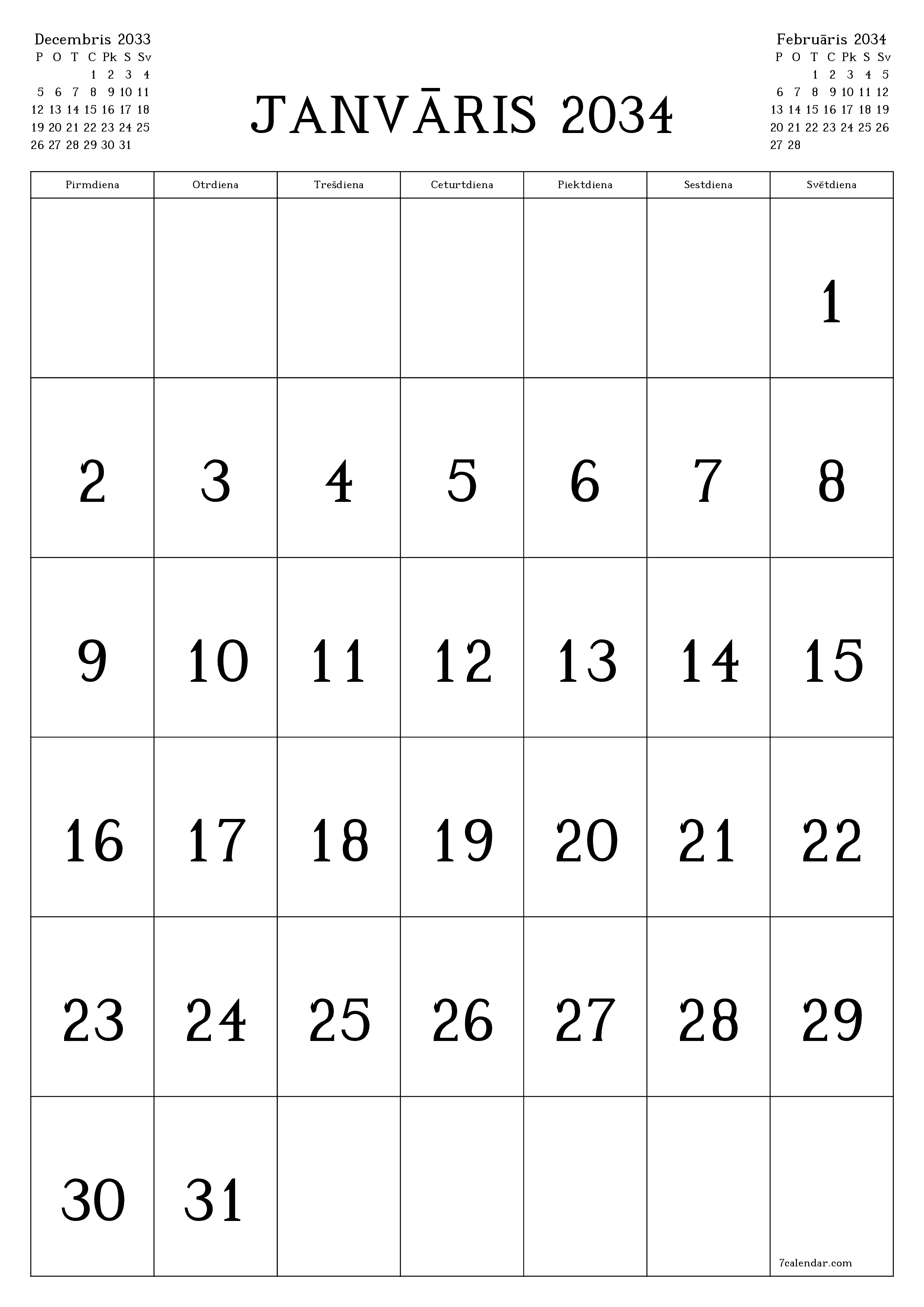 izdrukājams sienas kalendāra veidne bezmaksas vertikāli Mēneša kalendārs Janvāris (Jan) 2034