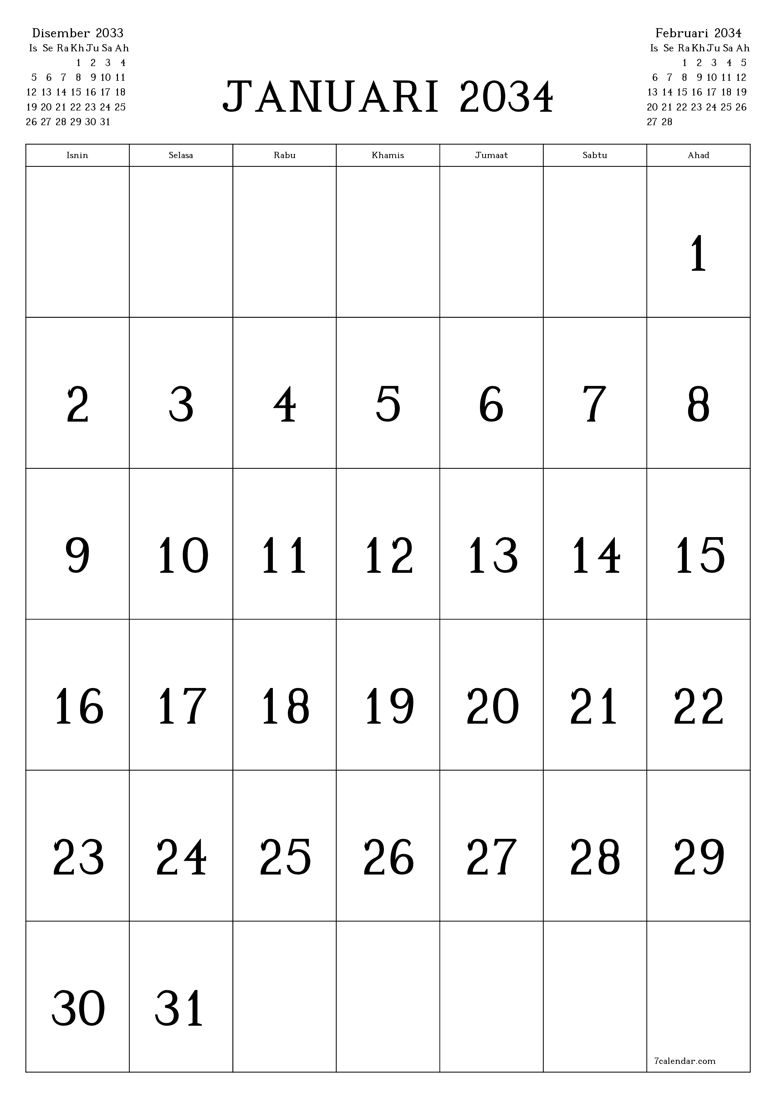  boleh cetak dinding templat percumamenegak Bulanan kalendar Januari (Jan) 2034