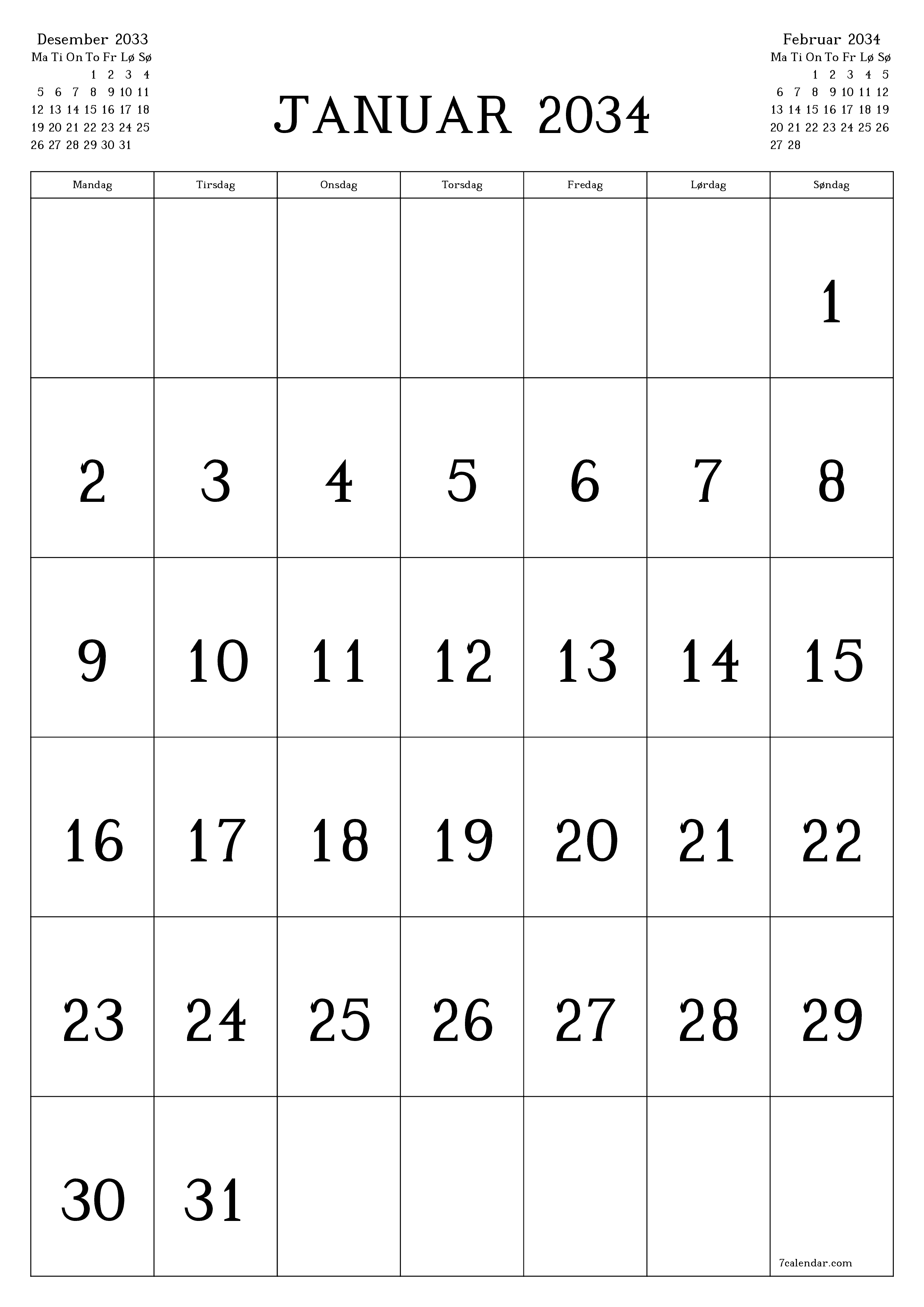 utskrivbar vegg mal gratis vertikal Månedlig kalender Januar (Jan) 2034