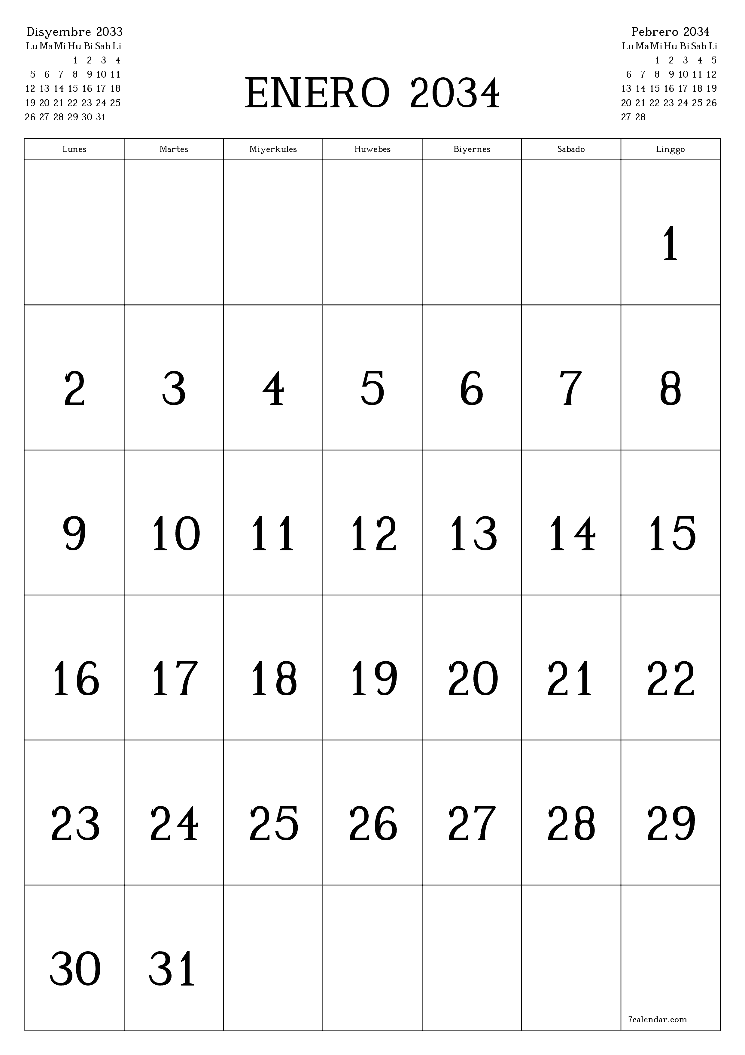 napi-print na sa dingding template ng libreng patayo Buwanang kalendaryo Enero (Ene) 2034