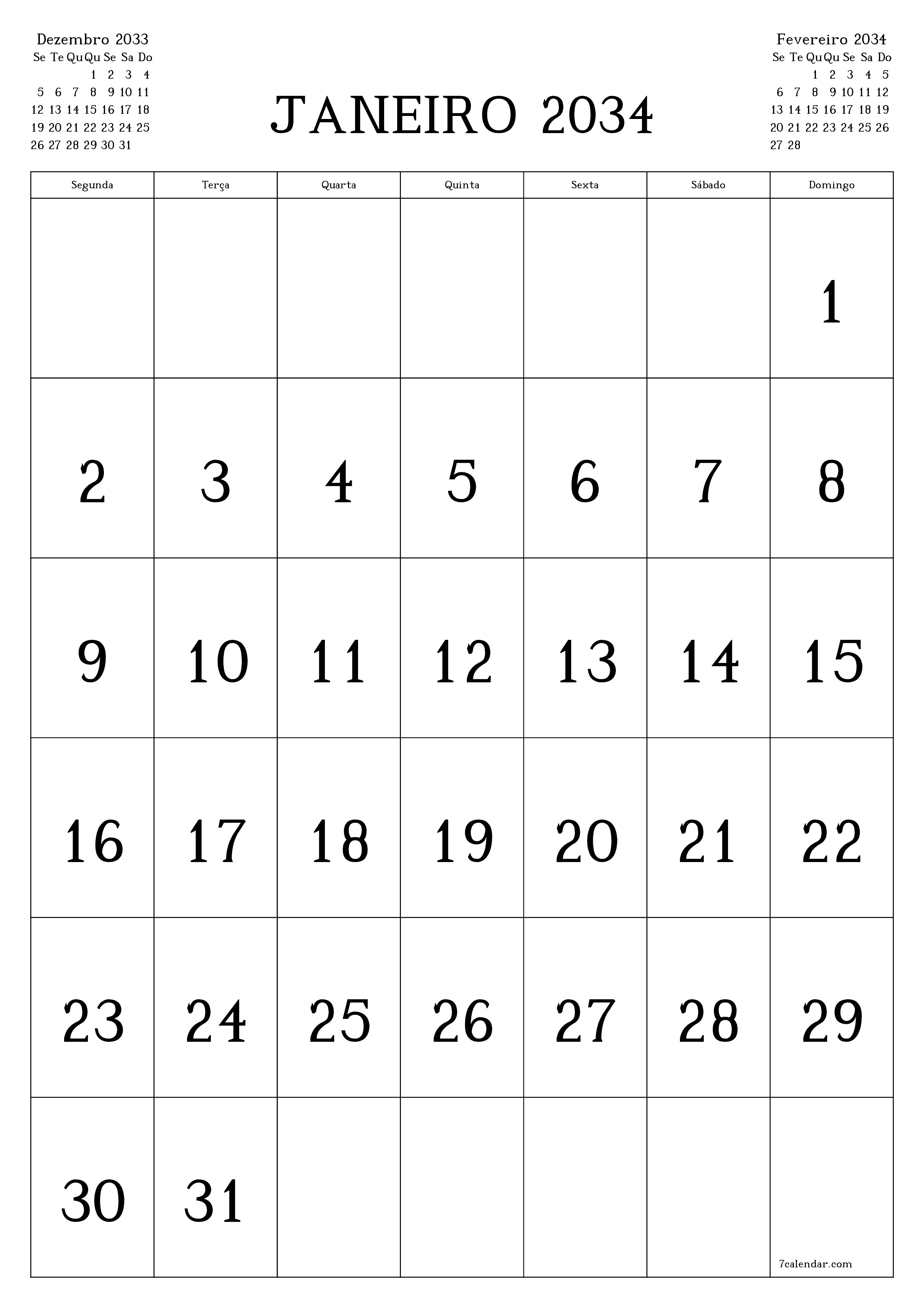  para impressão de parede modelo de grátisvertical Mensal calendário Janeiro (Jan) 2034