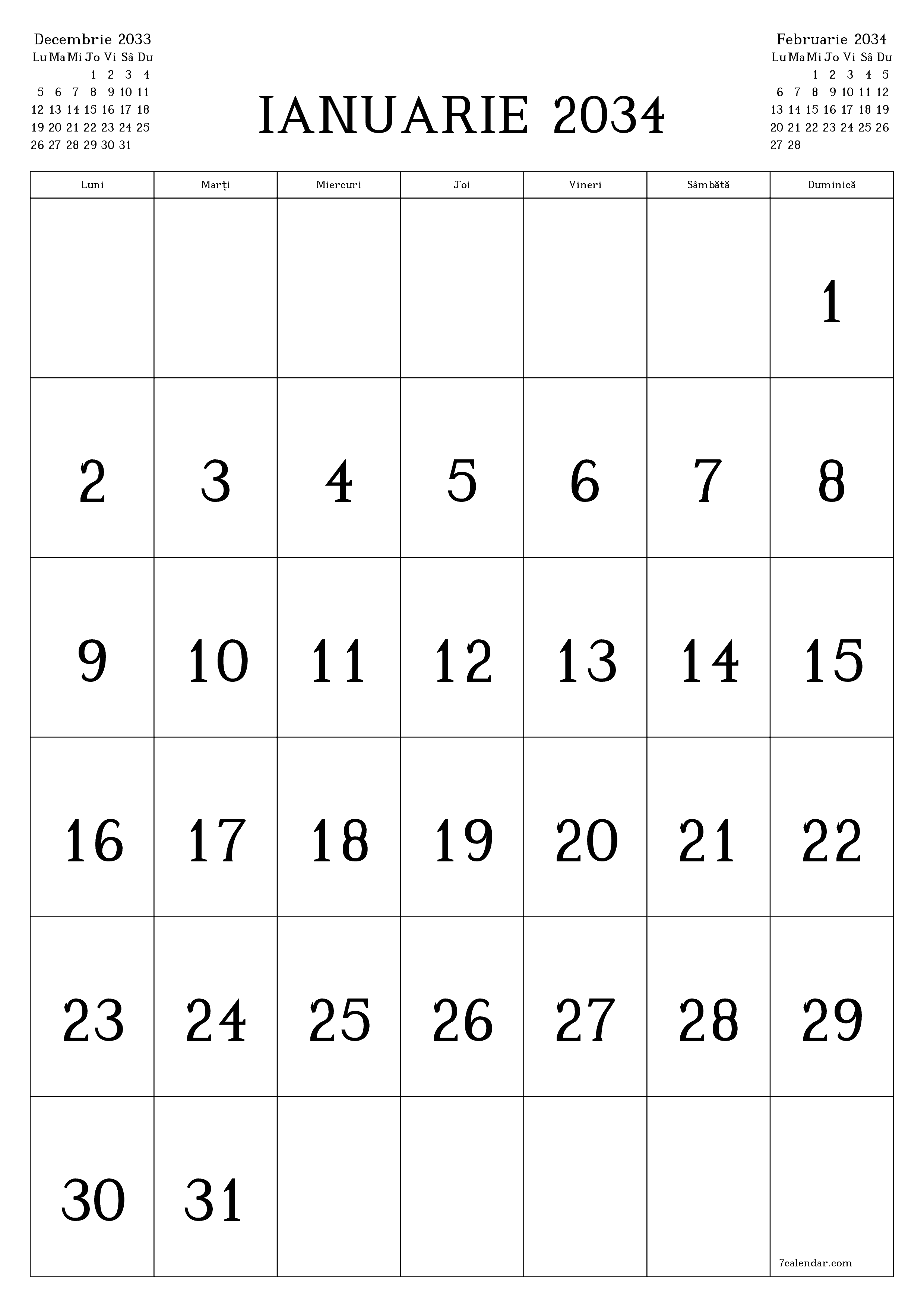  imprimabil de perete șablon de gratuitvertical Lunar calendar Ianuarie (Ian) 2034