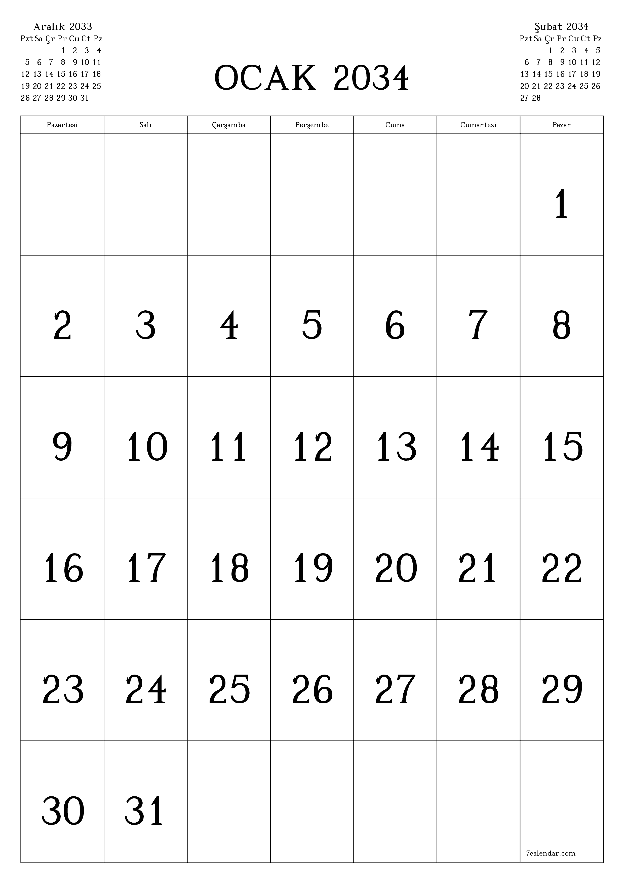 yazdırılabilir duvar i şablonu ücretsiz dikey Aylık takvim Ocak (Oca) 2034