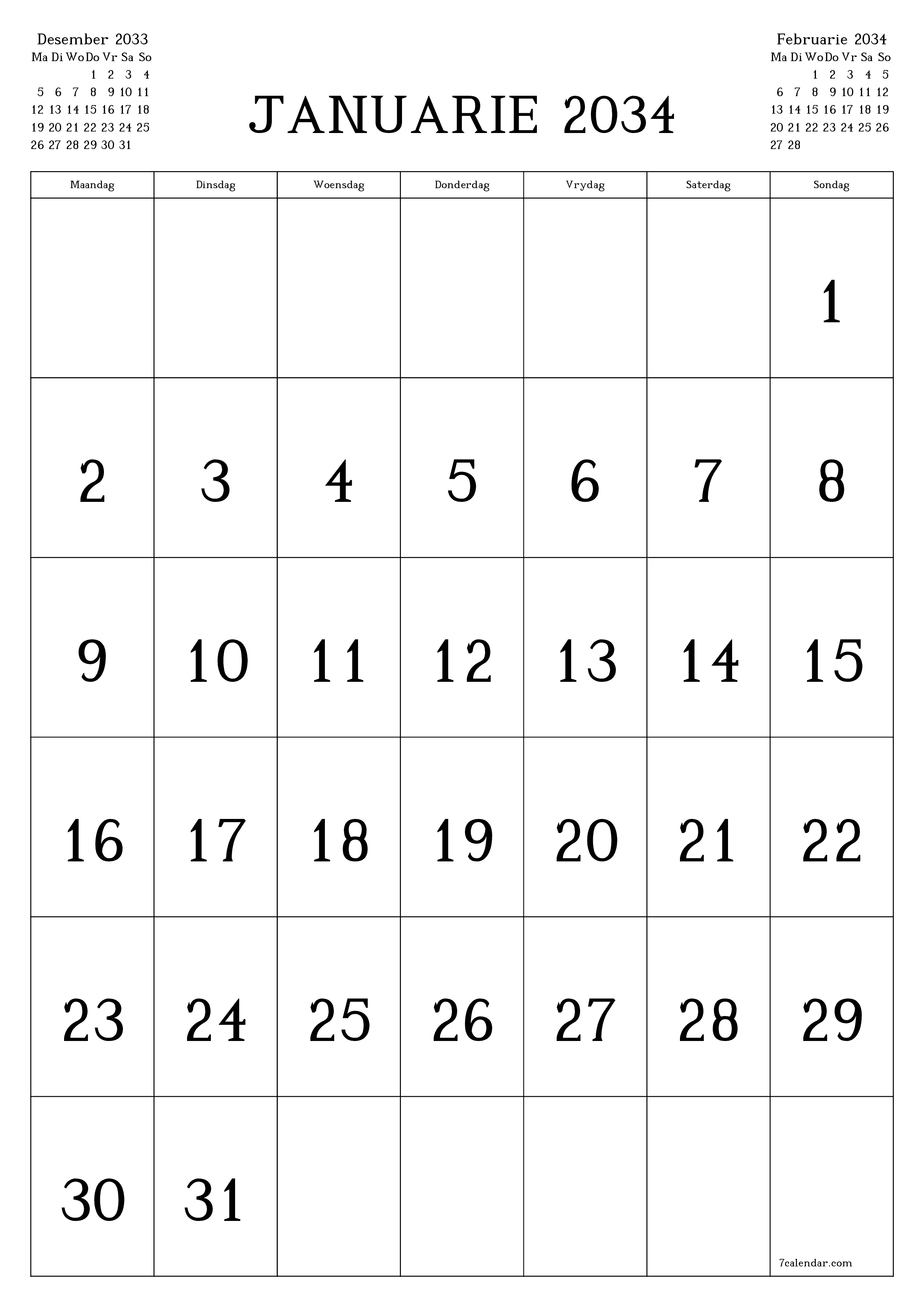 drukbare muur template gratis vertikaal Maandeliks kalender Januarie (Jan) 2034