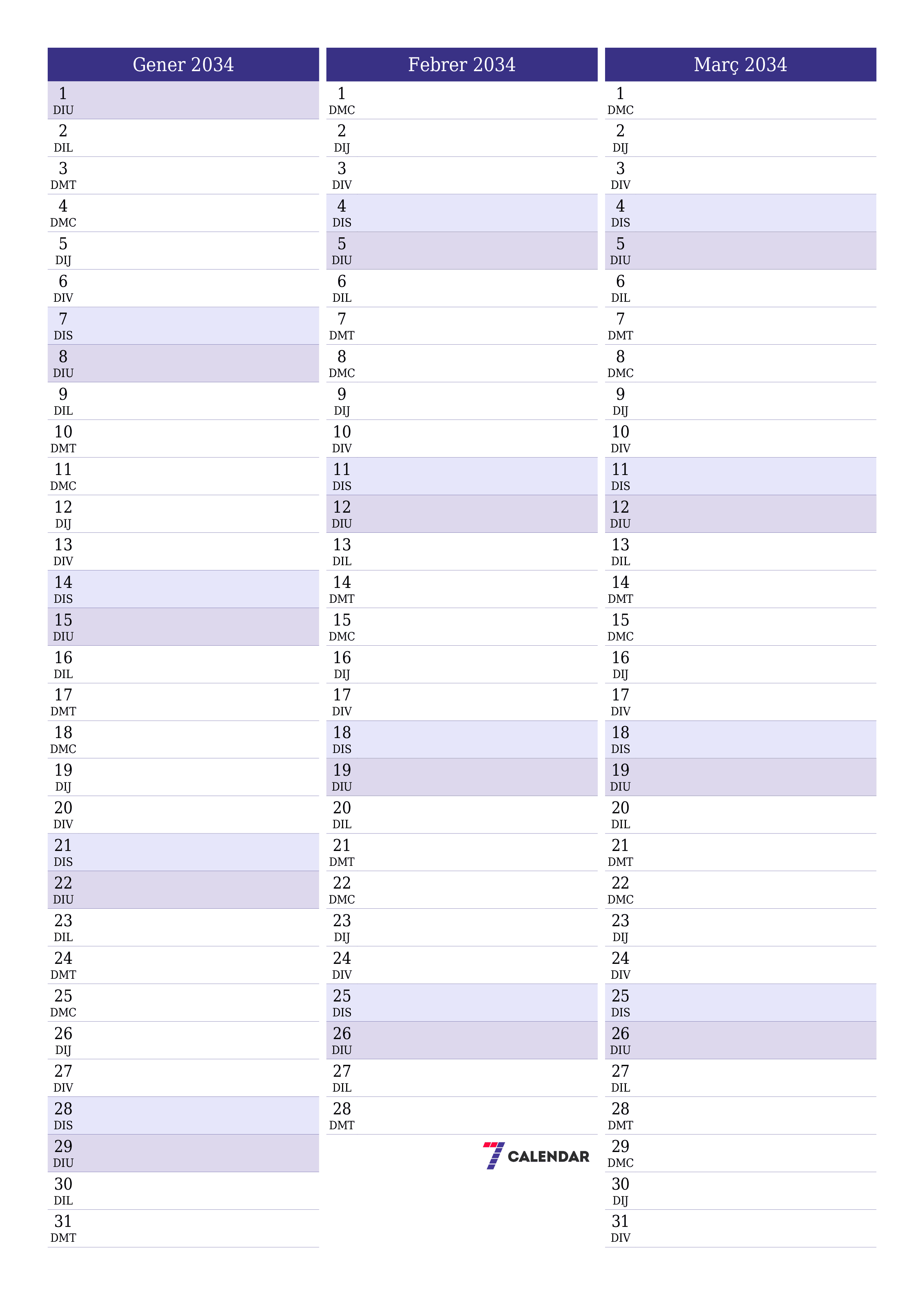 Planificador mensual buit del mes Gener 2034 amb notes, deseu-lo i imprimiu-lo en format PDF PNG Catalan