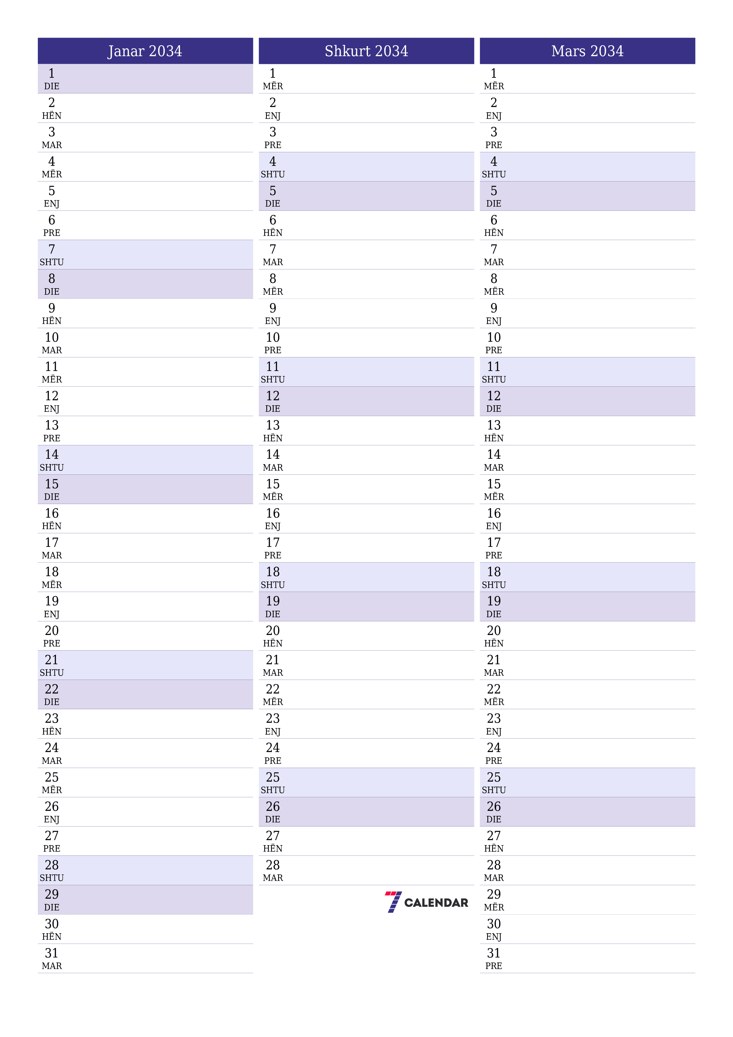 Planifikuesi i zbrazët i kalendarit mujor për muajin Janar 2034 me shënime të ruajtura dhe të printuara në PDF PNG Albanian