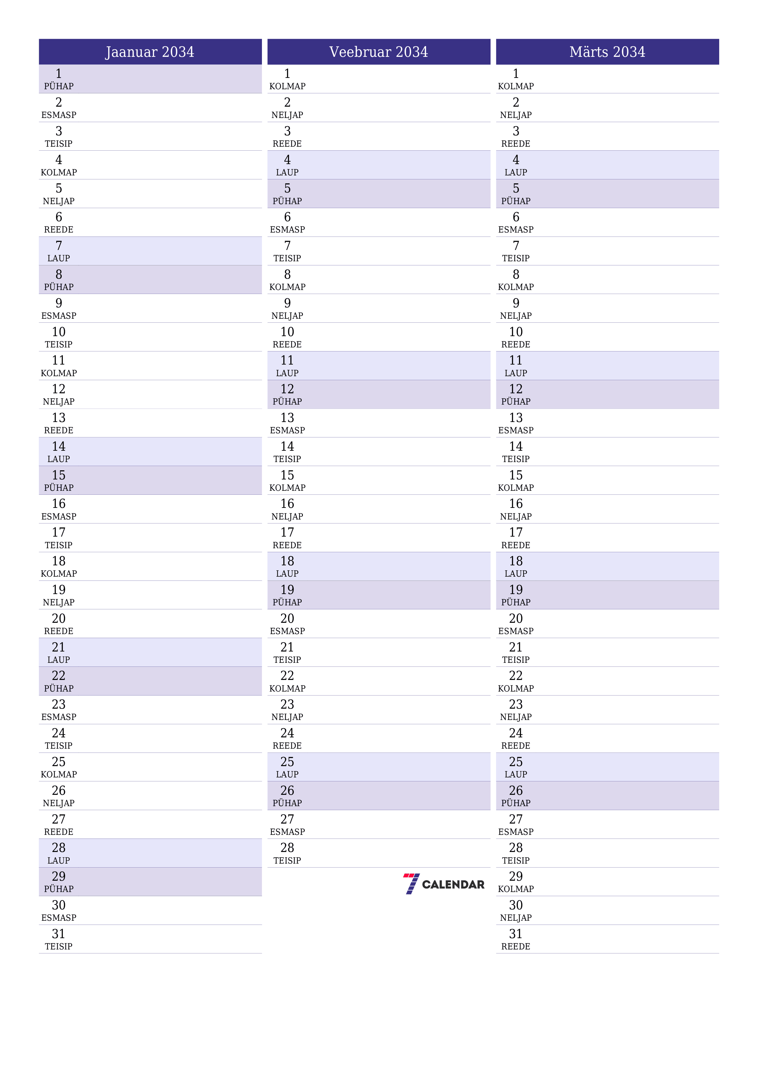 Tühjendage kuu Jaanuar 2034 kuuplaneerija märkmetega, salvestage ja printige PDF-i PNG Estonian