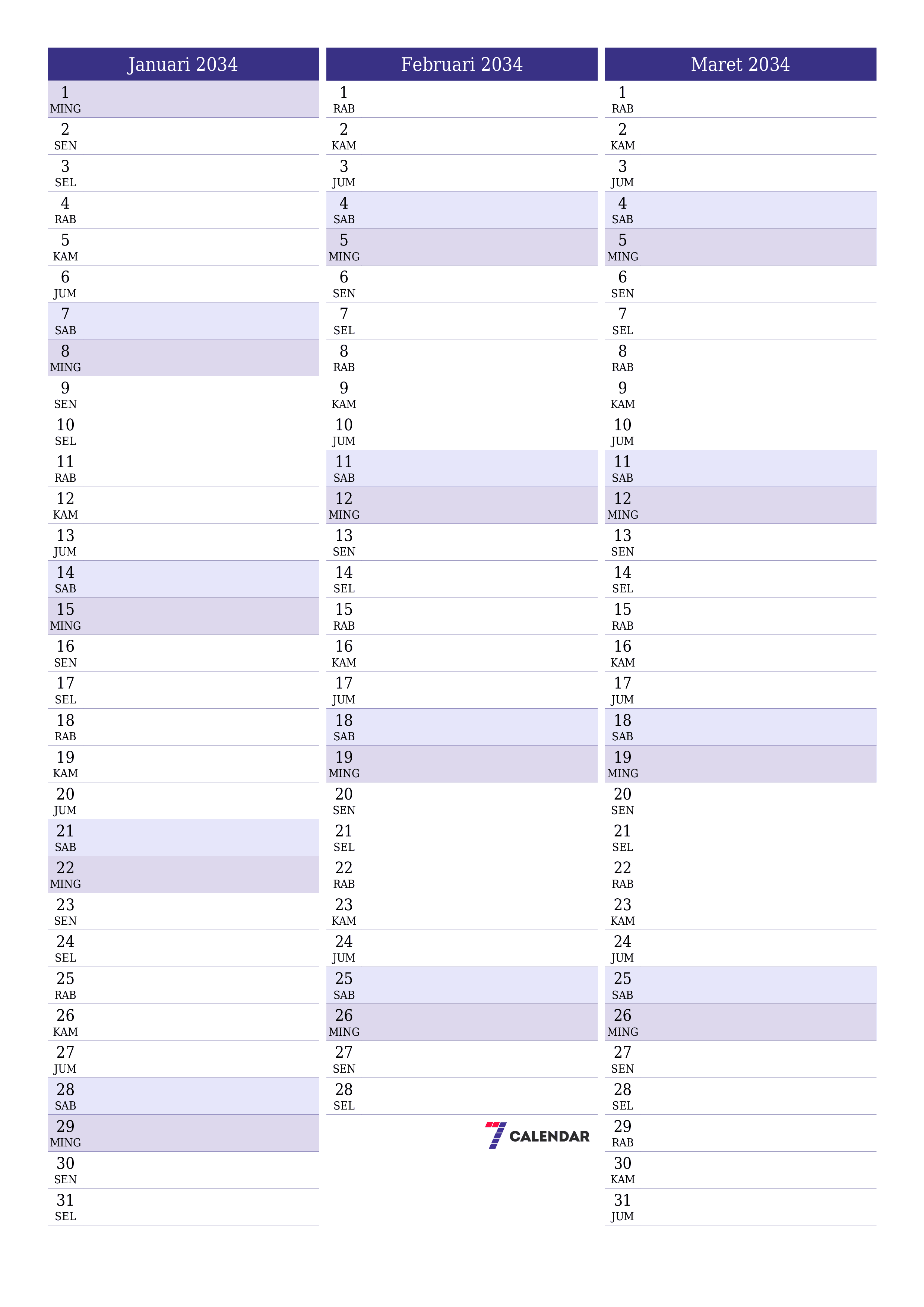 Kosongkan agenda bulanan untuk bulan Januari 2034 dengan catatan, simpan dan cetak ke PDF PNG Indonesian