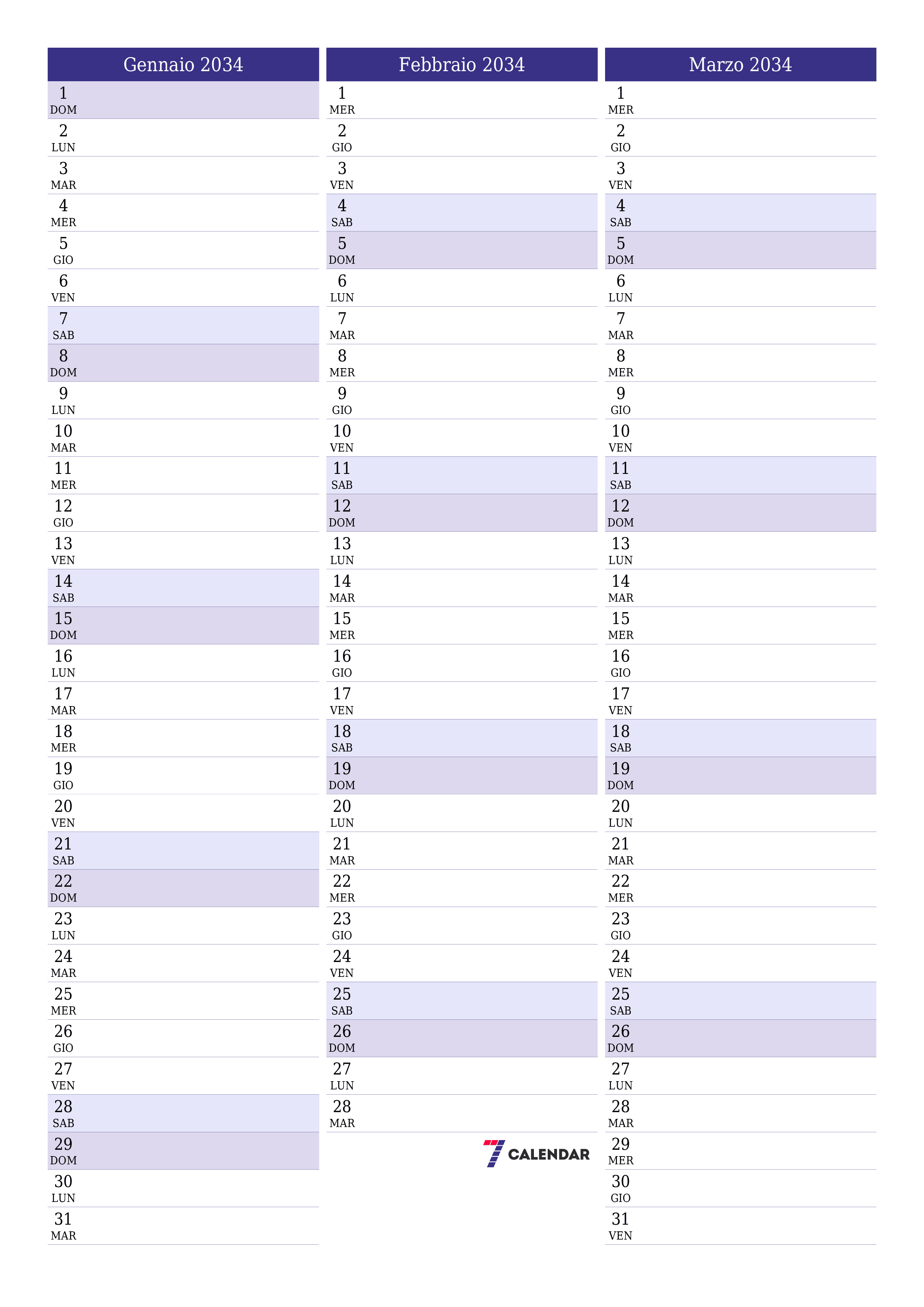  stampabile da parete modello di gratuitoverticale Mensile pianificatore calendario Gennaio (Gen) 2034