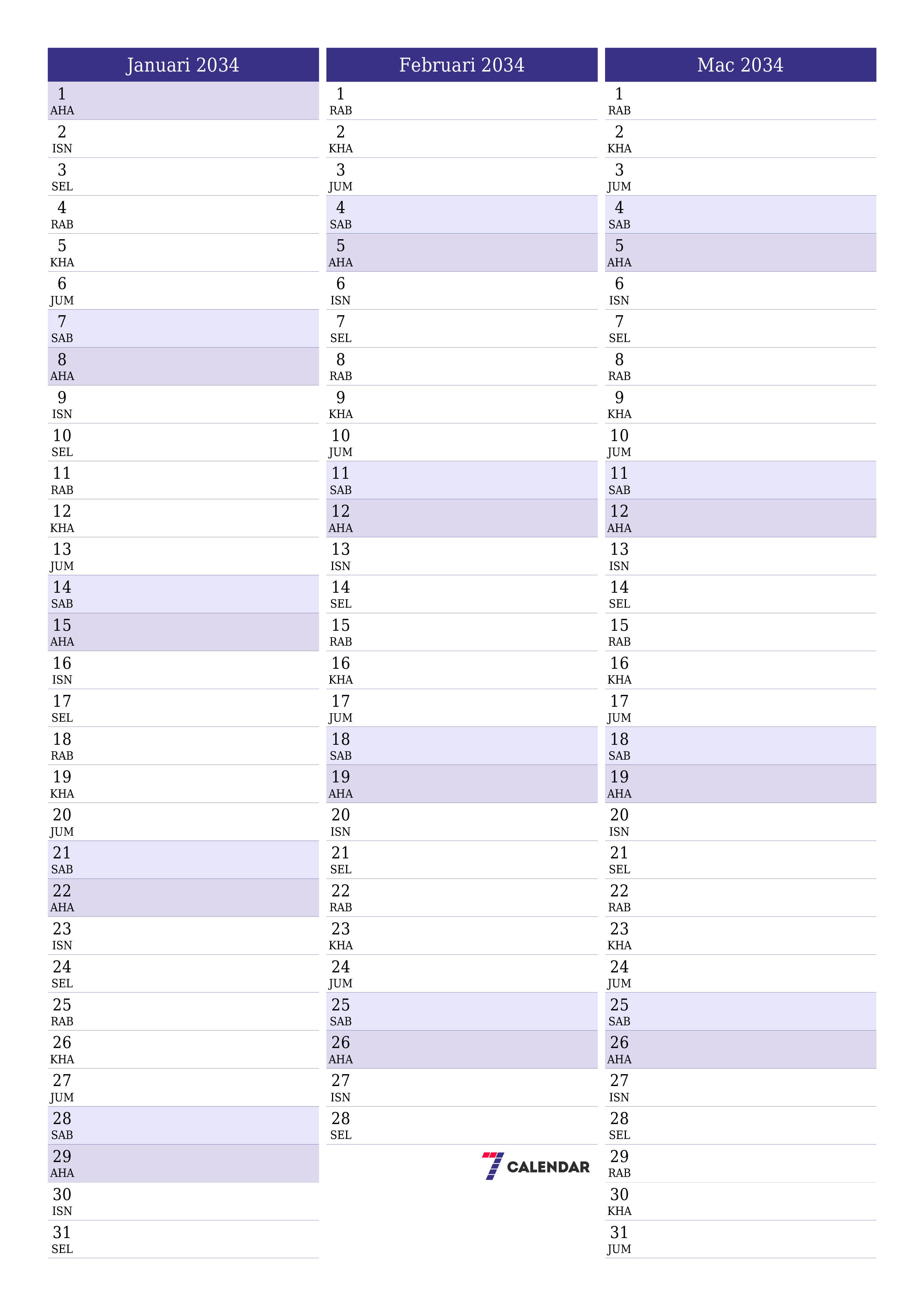  boleh cetak dinding templat percumamenegak Bulanan perancang kalendar Januari (Jan) 2034
