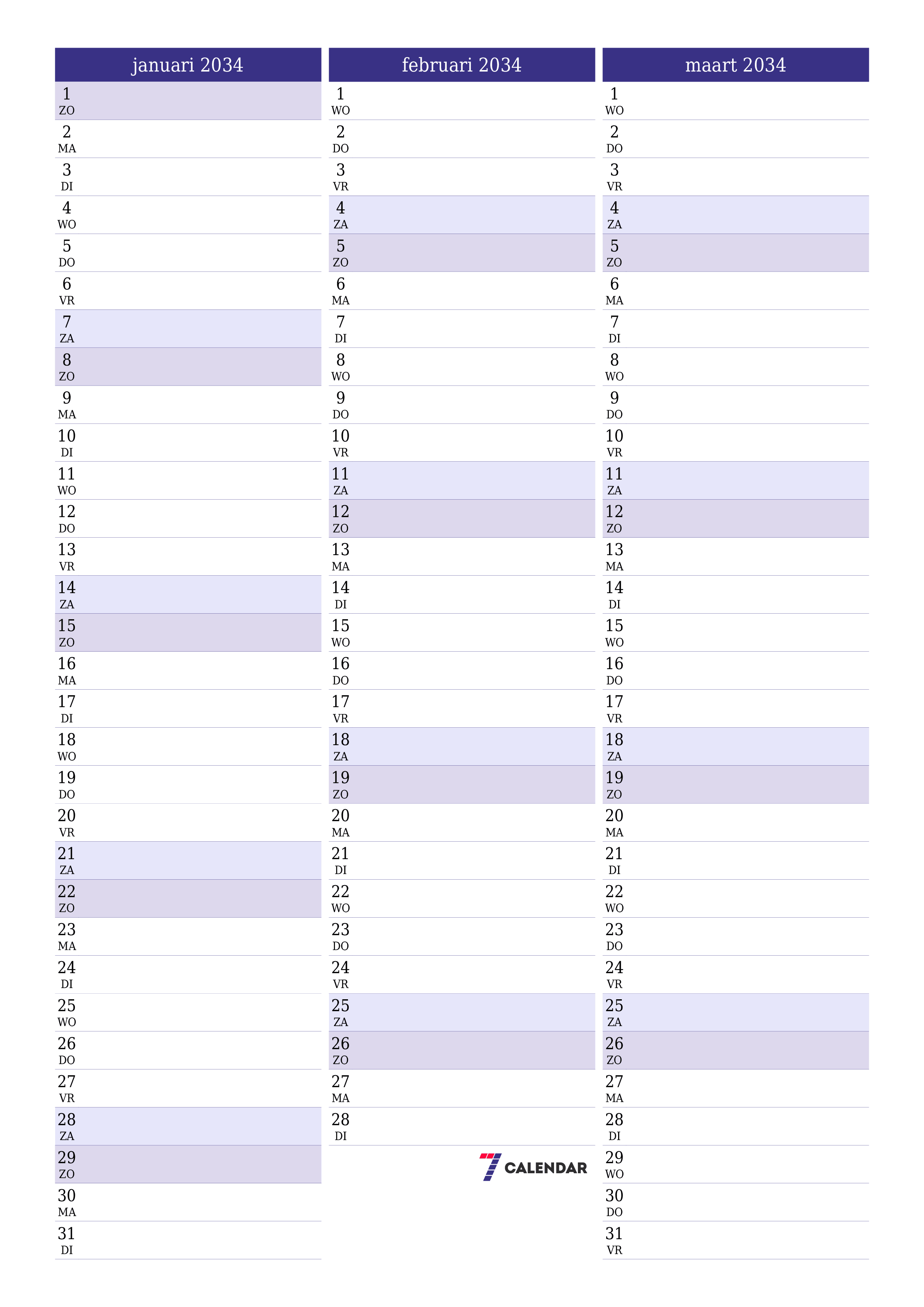 afdrukbare muur sjabloon gratis verticaal Maandelijks planner kalender januari (jan) 2034