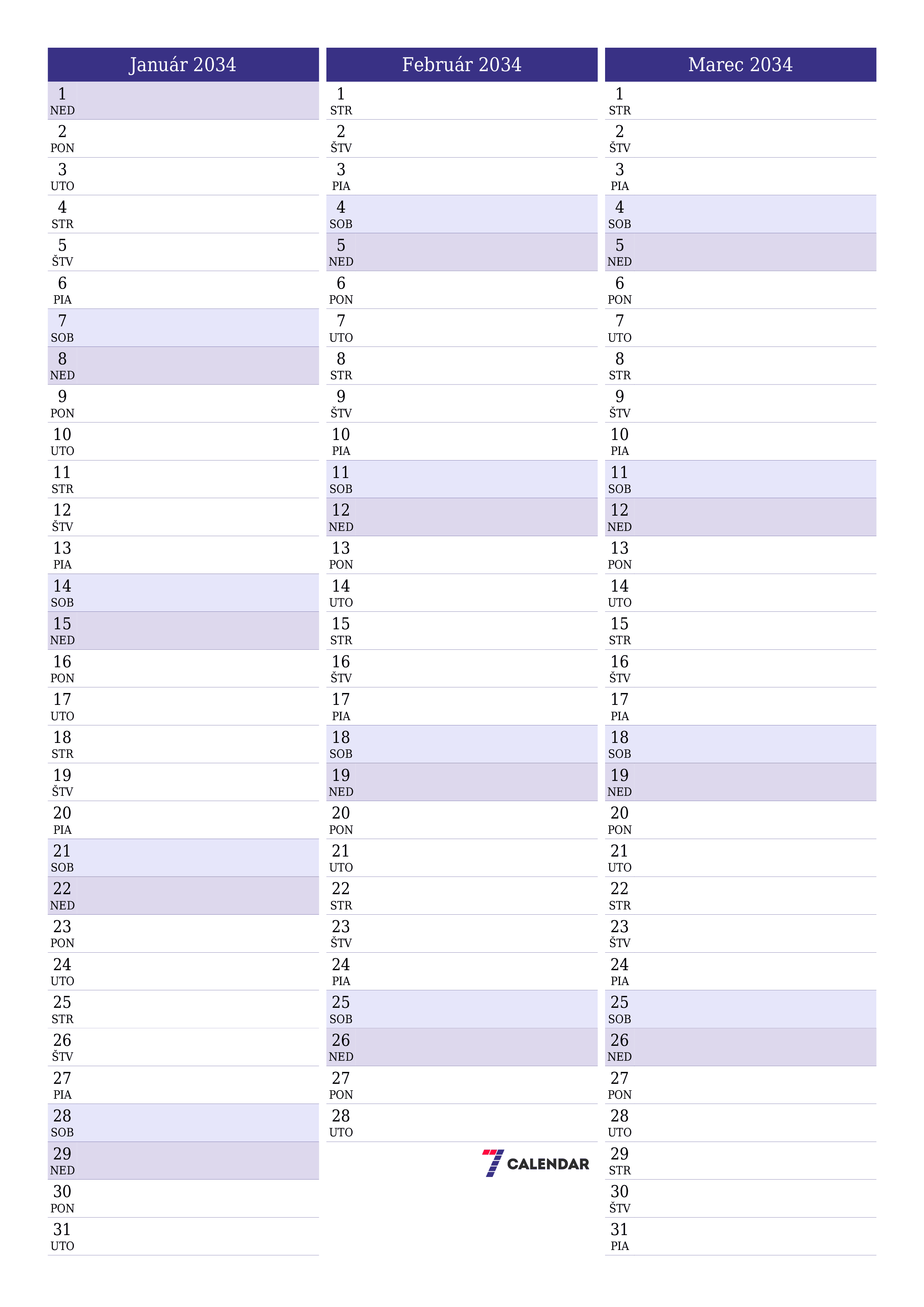 vytlačiteľný nástenný šablóna a bezplatný вертикальный Mesačne plánovač kalendár Január (Jan) 2034