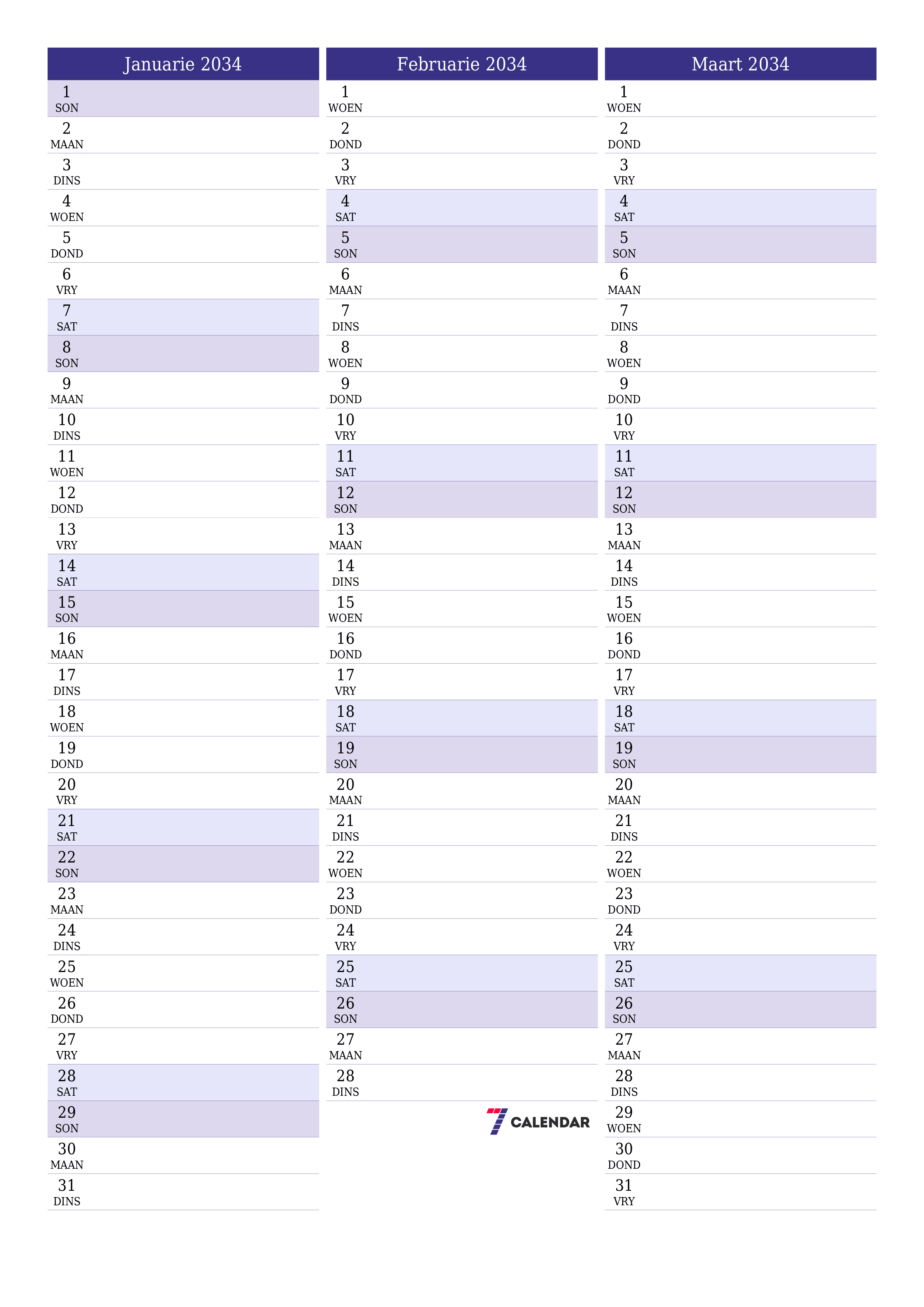 drukbare muur template gratis vertikaal Maandeliks beplanner kalender Januarie (Jan) 2034