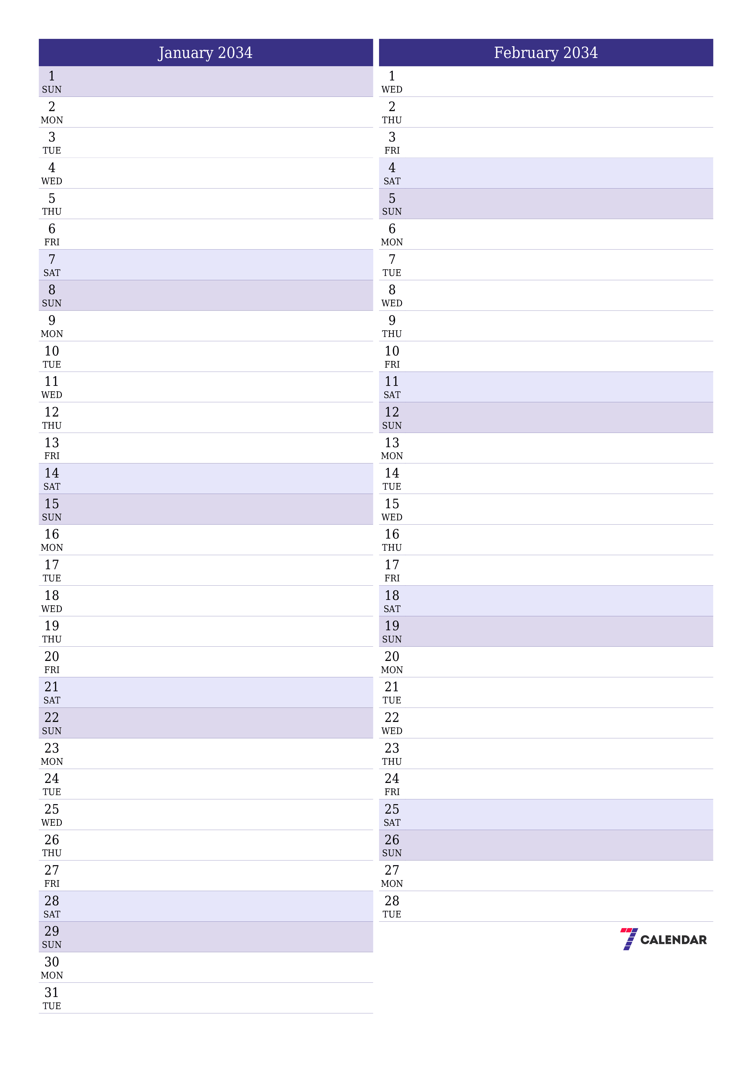 Blank calendar January 2034