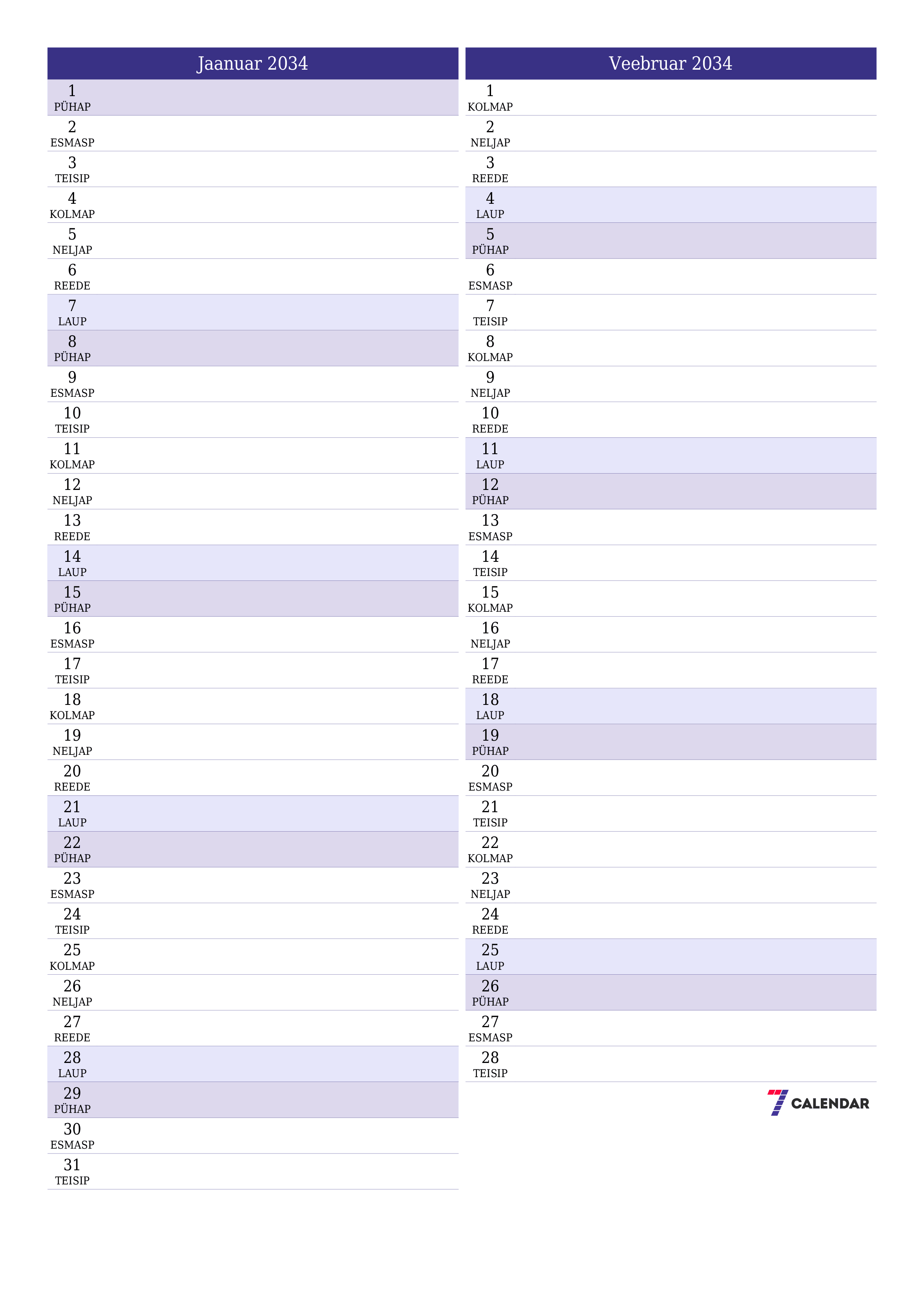 Tühjendage kuu Jaanuar 2034 kuuplaneerija märkmetega, salvestage ja printige PDF-i PNG Estonian