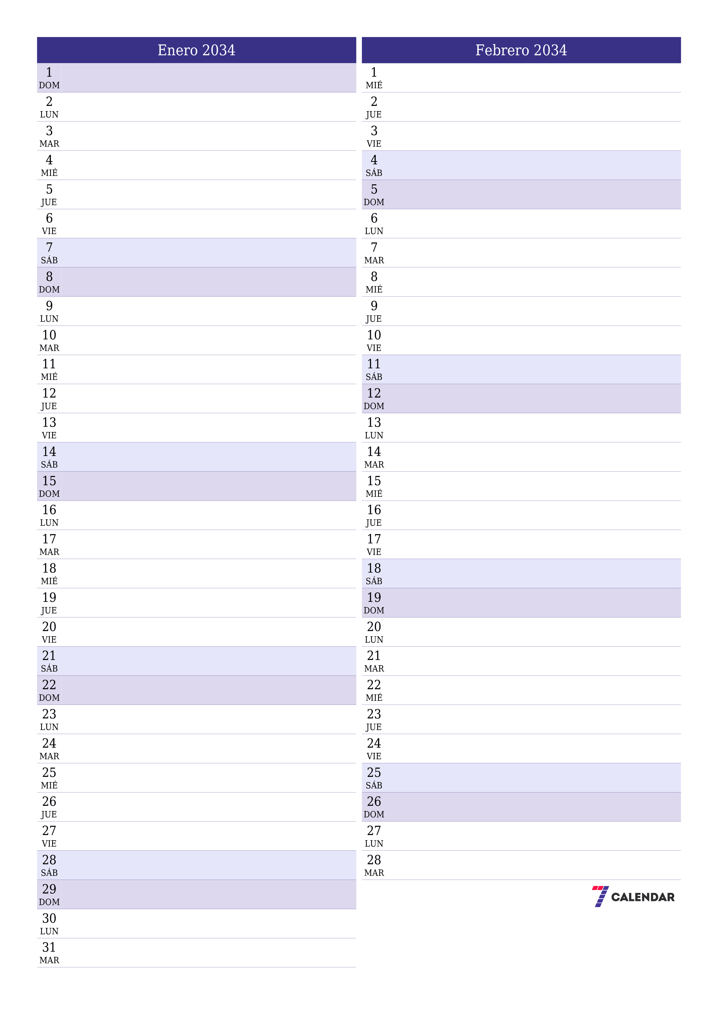  imprimible de pared plantilla de gratisvertical Mensual planificador calendario Enero (Ene) 2034