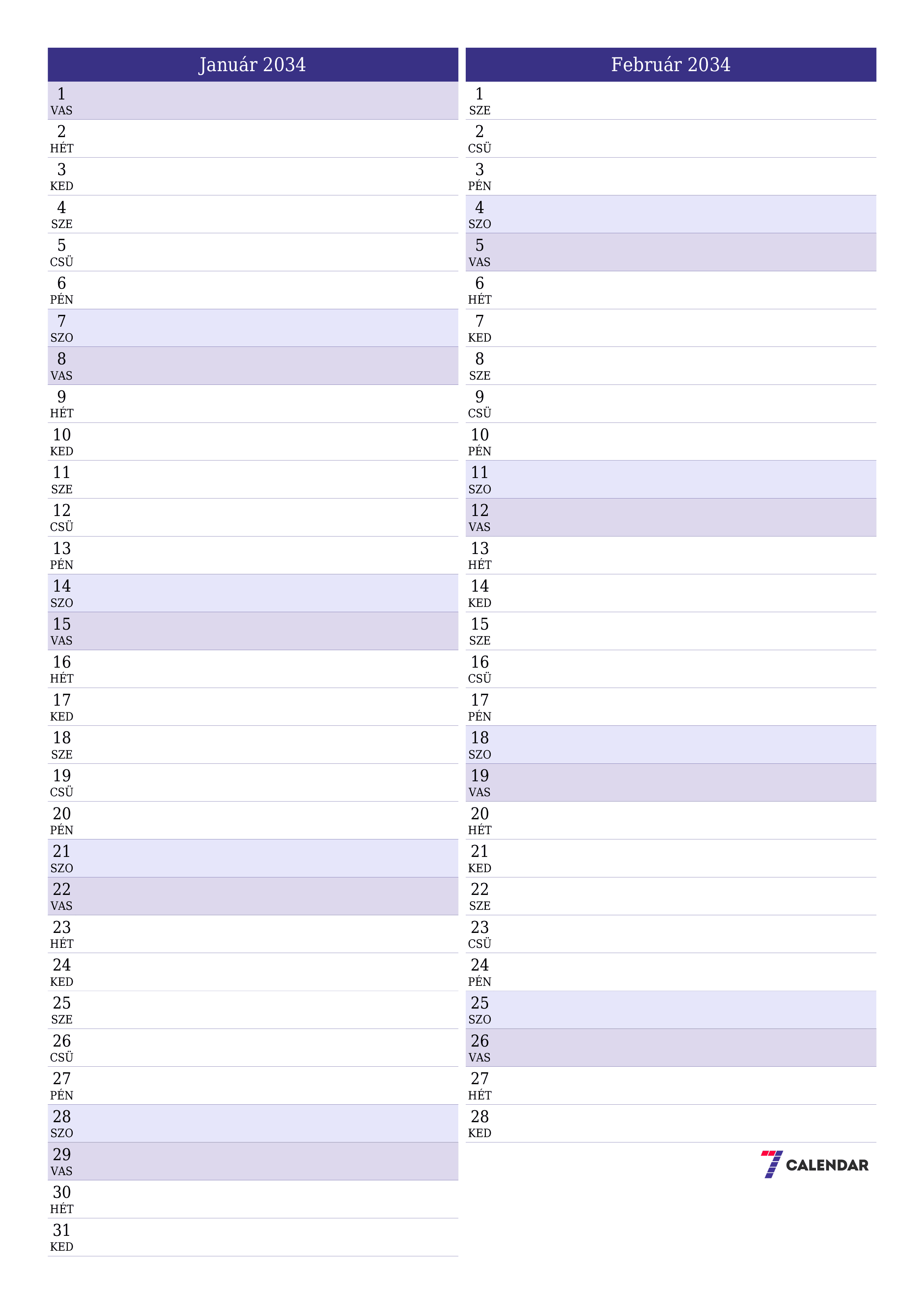 nyomtatható fali sablon ingyenes függőleges Havi tervező naptár Január (Jan) 2034
