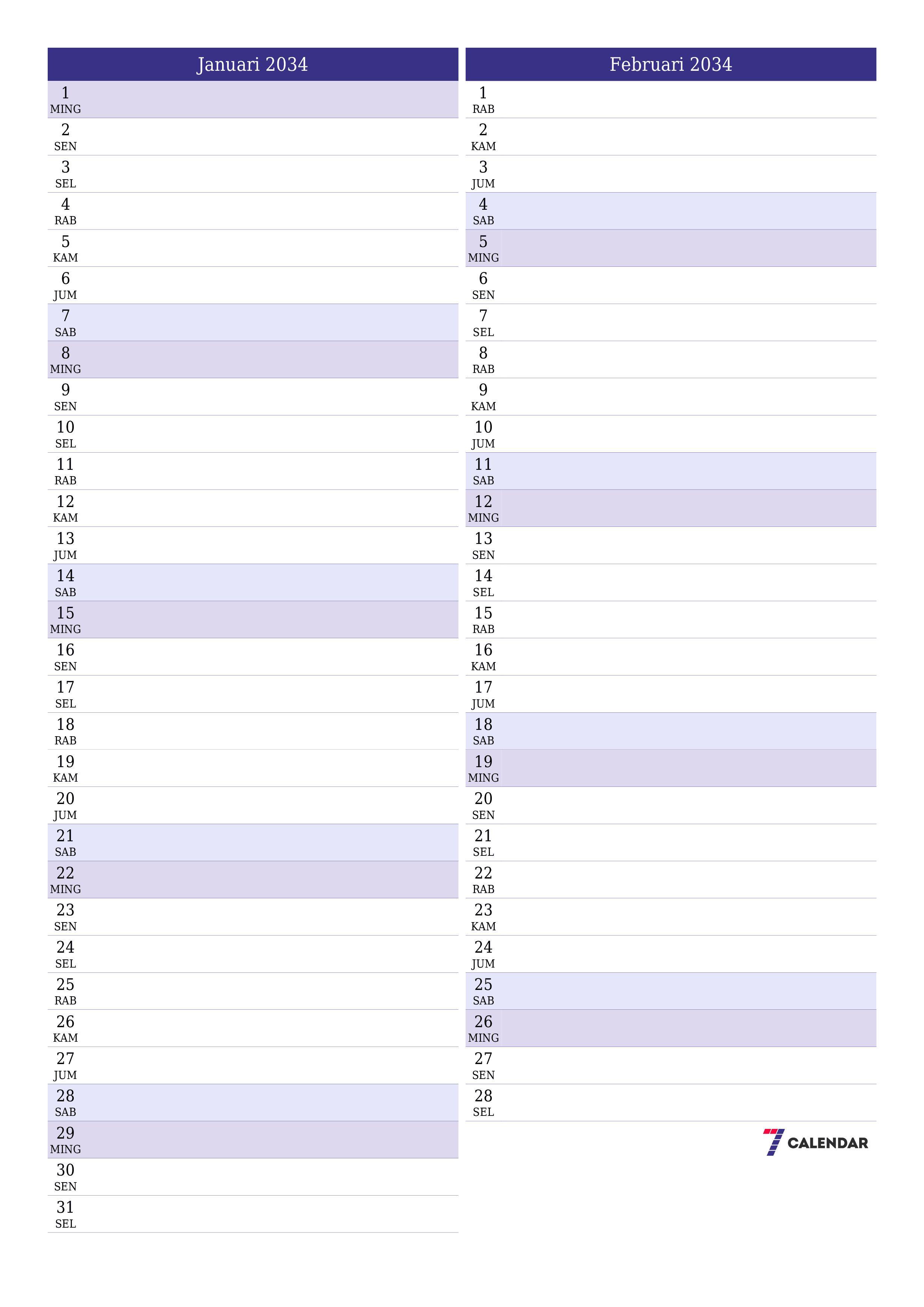  yang dapat dicetak dinding templat gratisvertikal Bulanan perencana kalender Januari (Jan) 2034