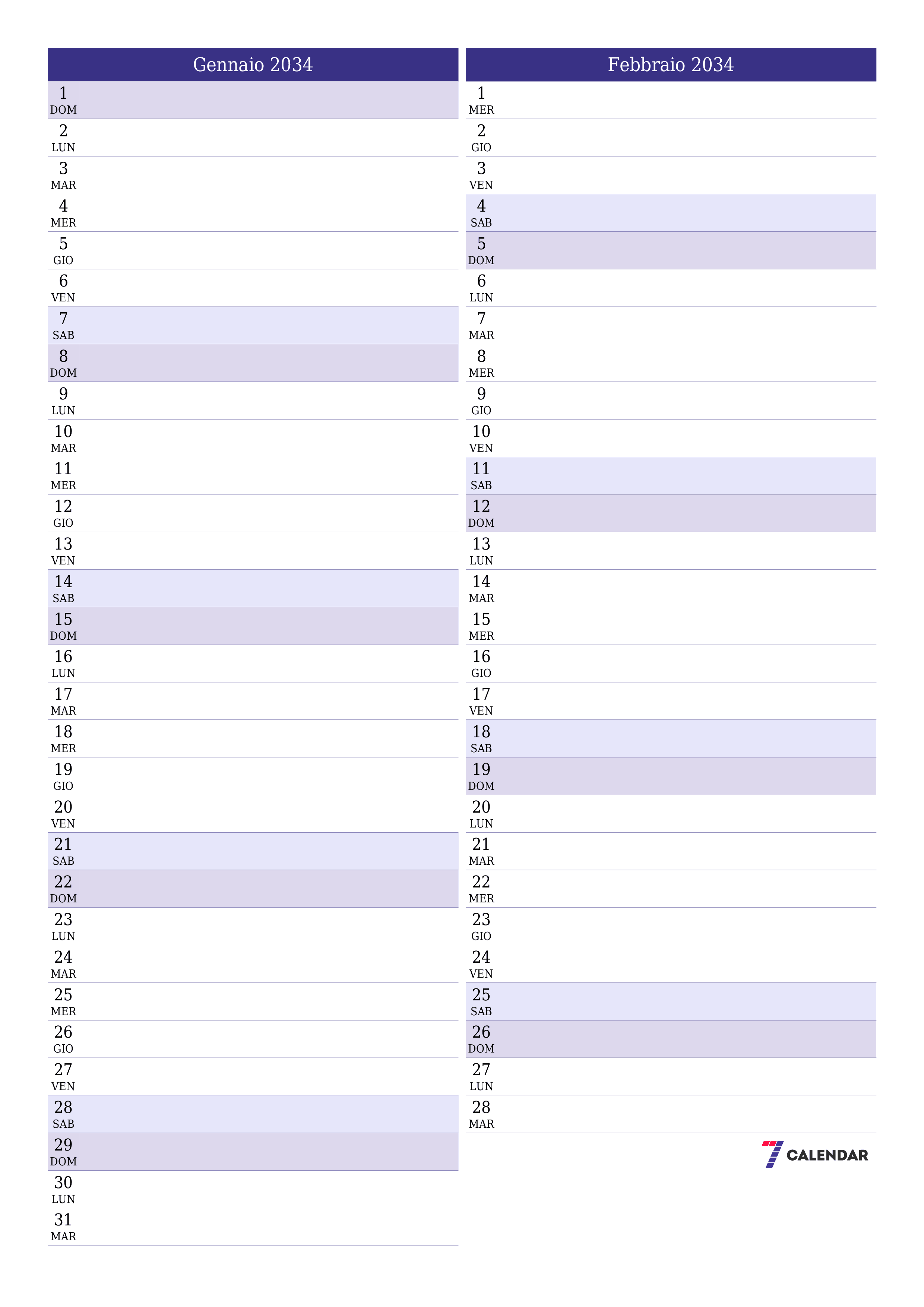  stampabile da parete modello di gratuitoverticale Mensile pianificatore calendario Gennaio (Gen) 2034
