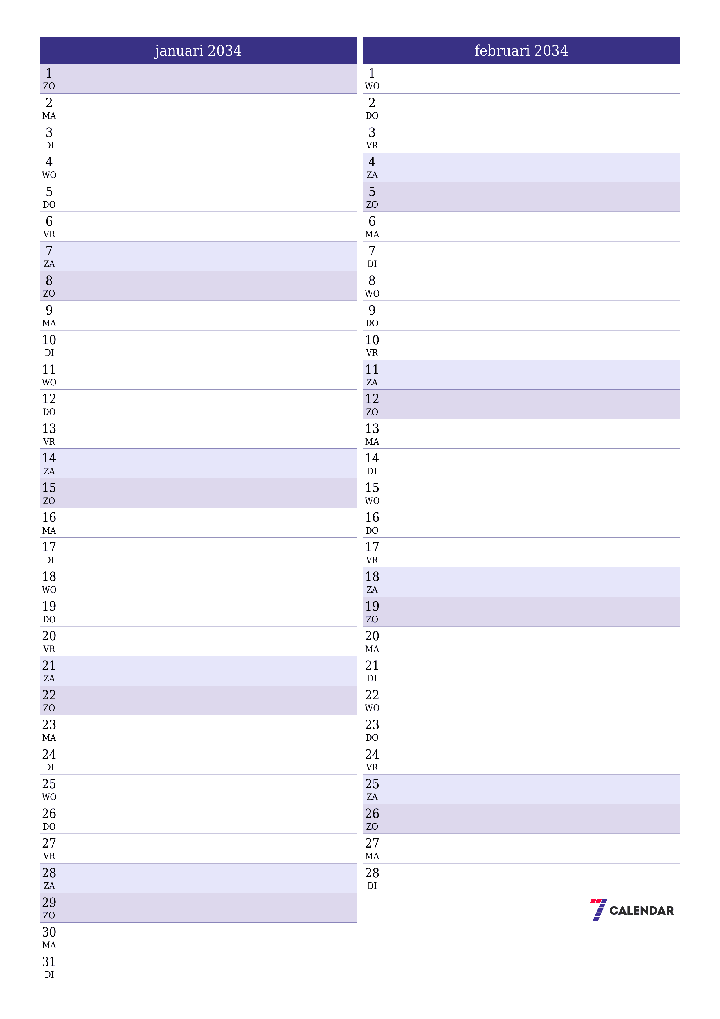 afdrukbare muur sjabloon gratis verticaal Maandelijks planner kalender januari (jan) 2034