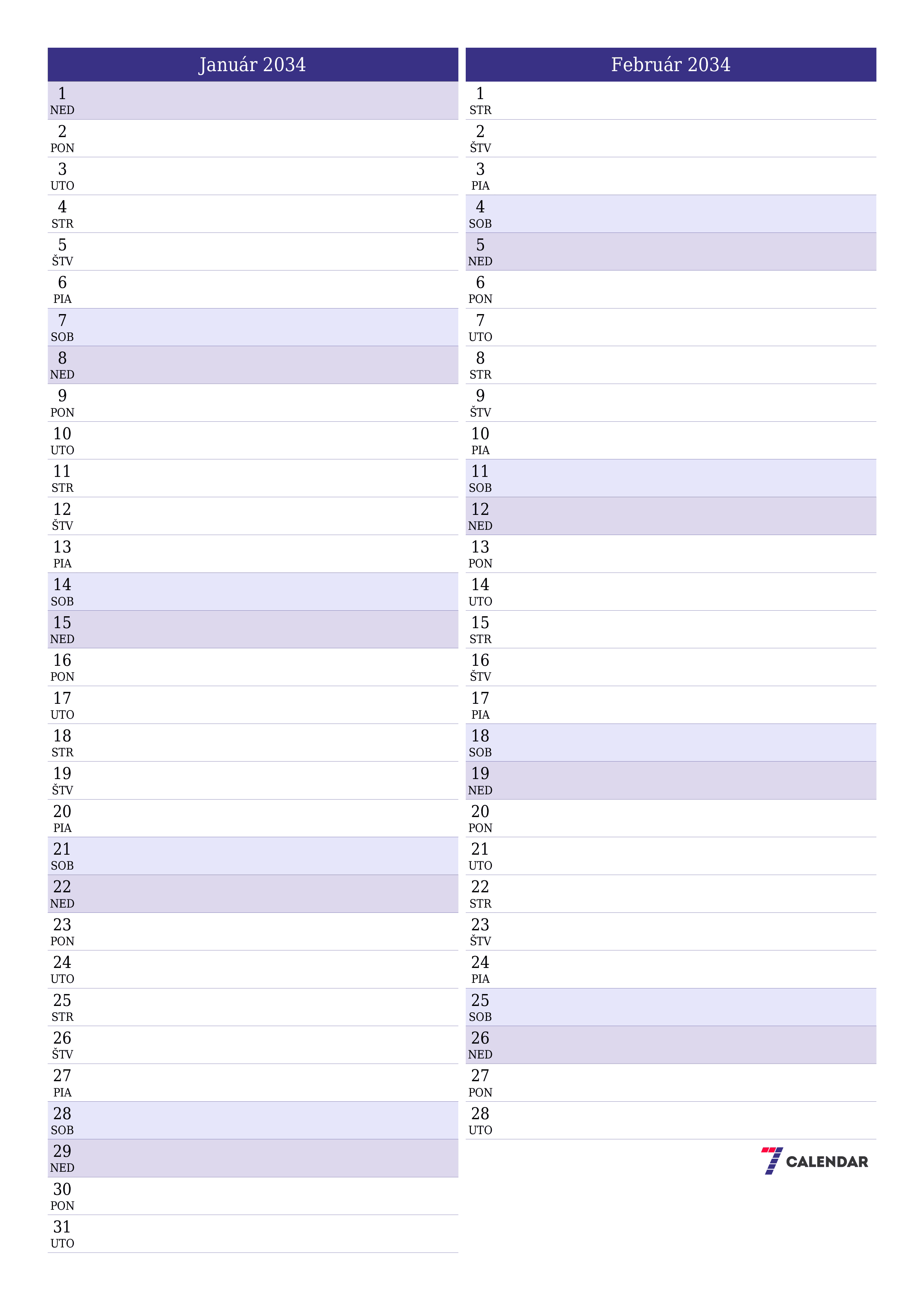 vytlačiteľný nástenný šablóna a bezplatný вертикальный Mesačne plánovač kalendár Január (Jan) 2034