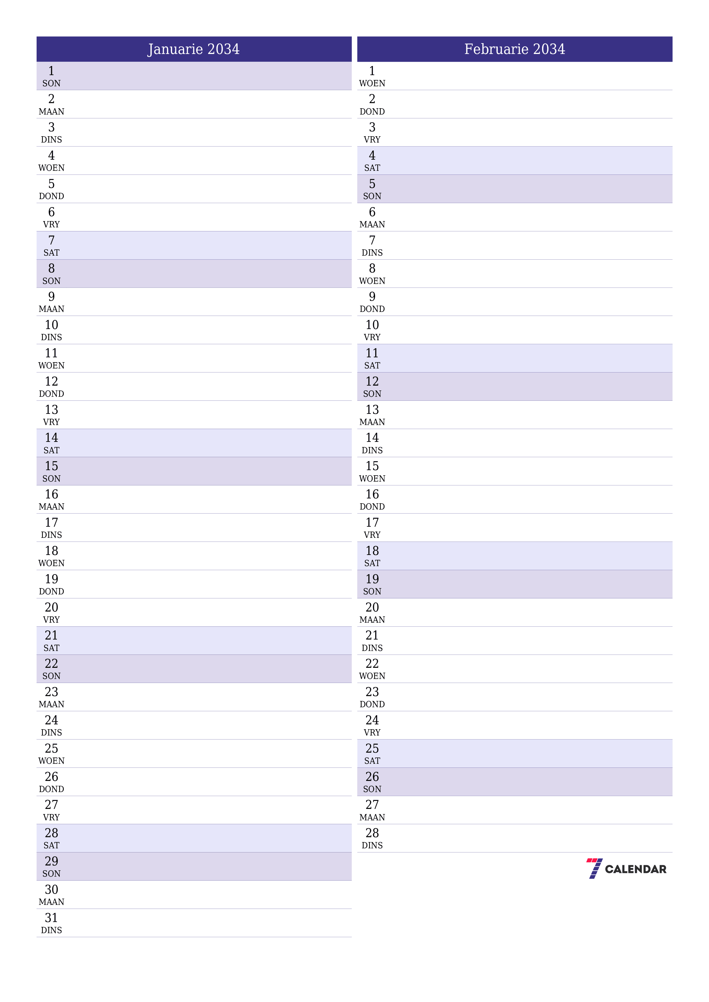 drukbare muur template gratis vertikaal Maandeliks beplanner kalender Januarie (Jan) 2034