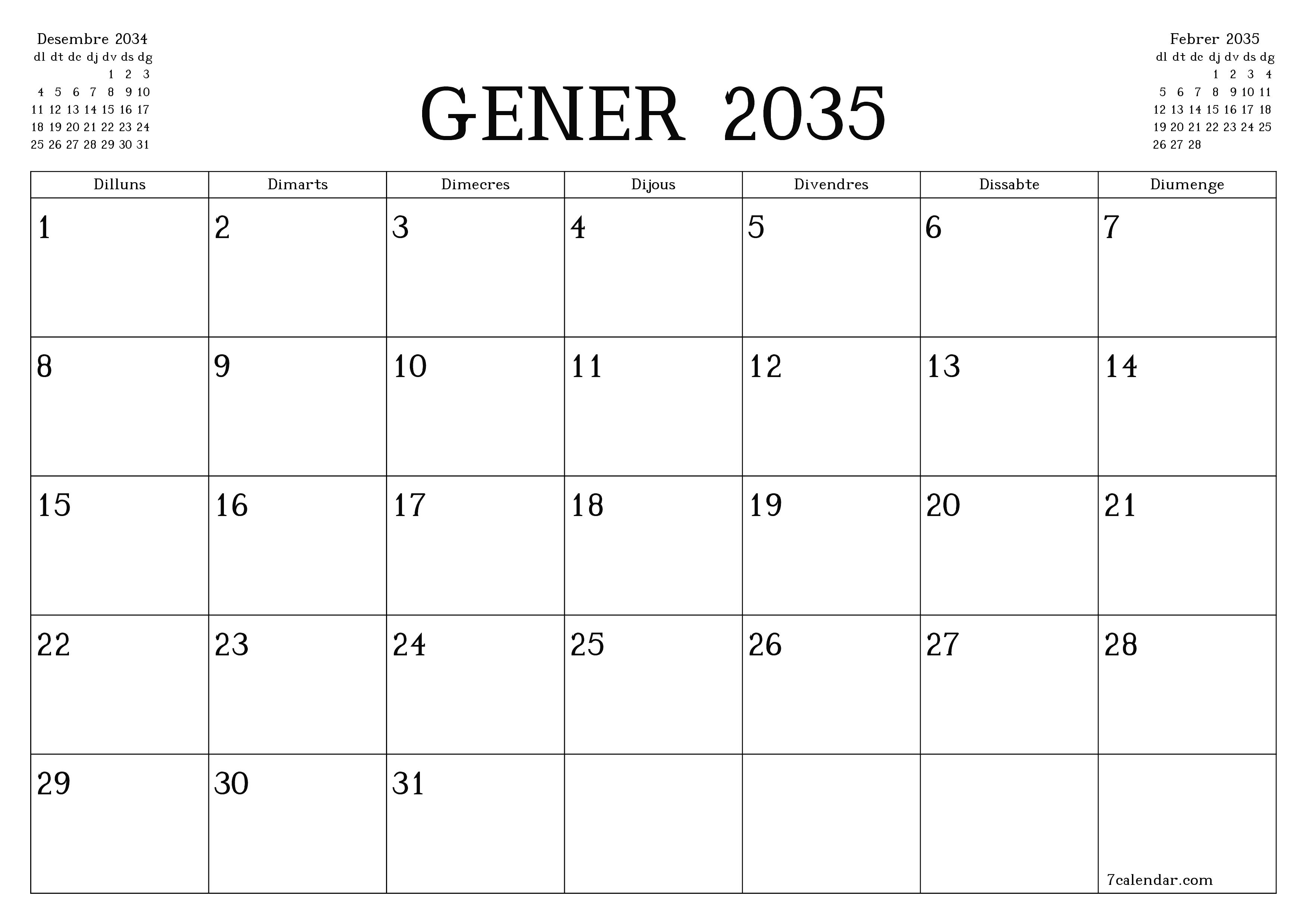Planificador mensual buit del mes Gener 2035 amb notes, deseu-lo i imprimiu-lo en format PDF PNG Catalan