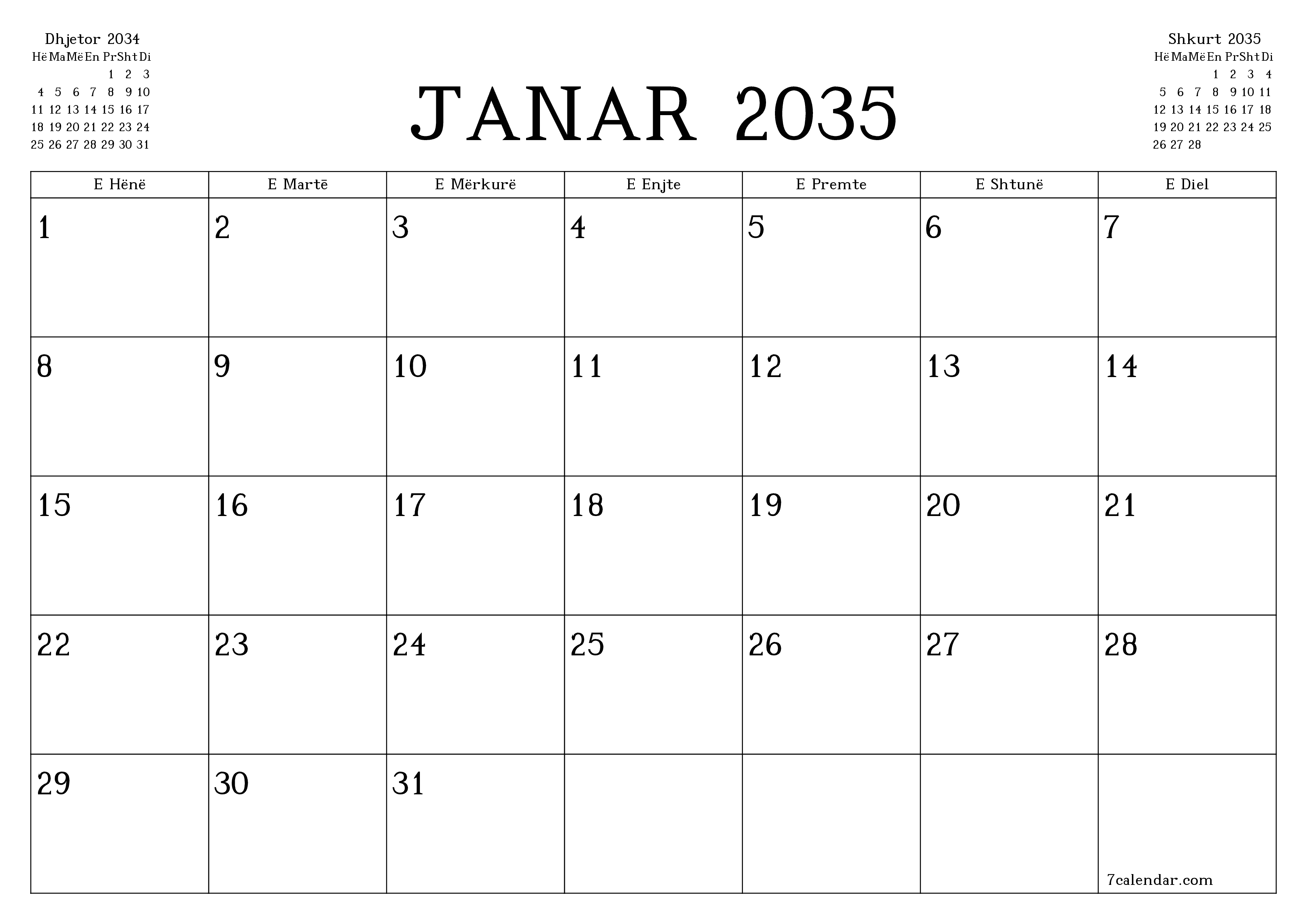 Planifikuesi i zbrazët i kalendarit mujor për muajin Janar 2035 me shënime të ruajtura dhe të printuara në PDF PNG Albanian