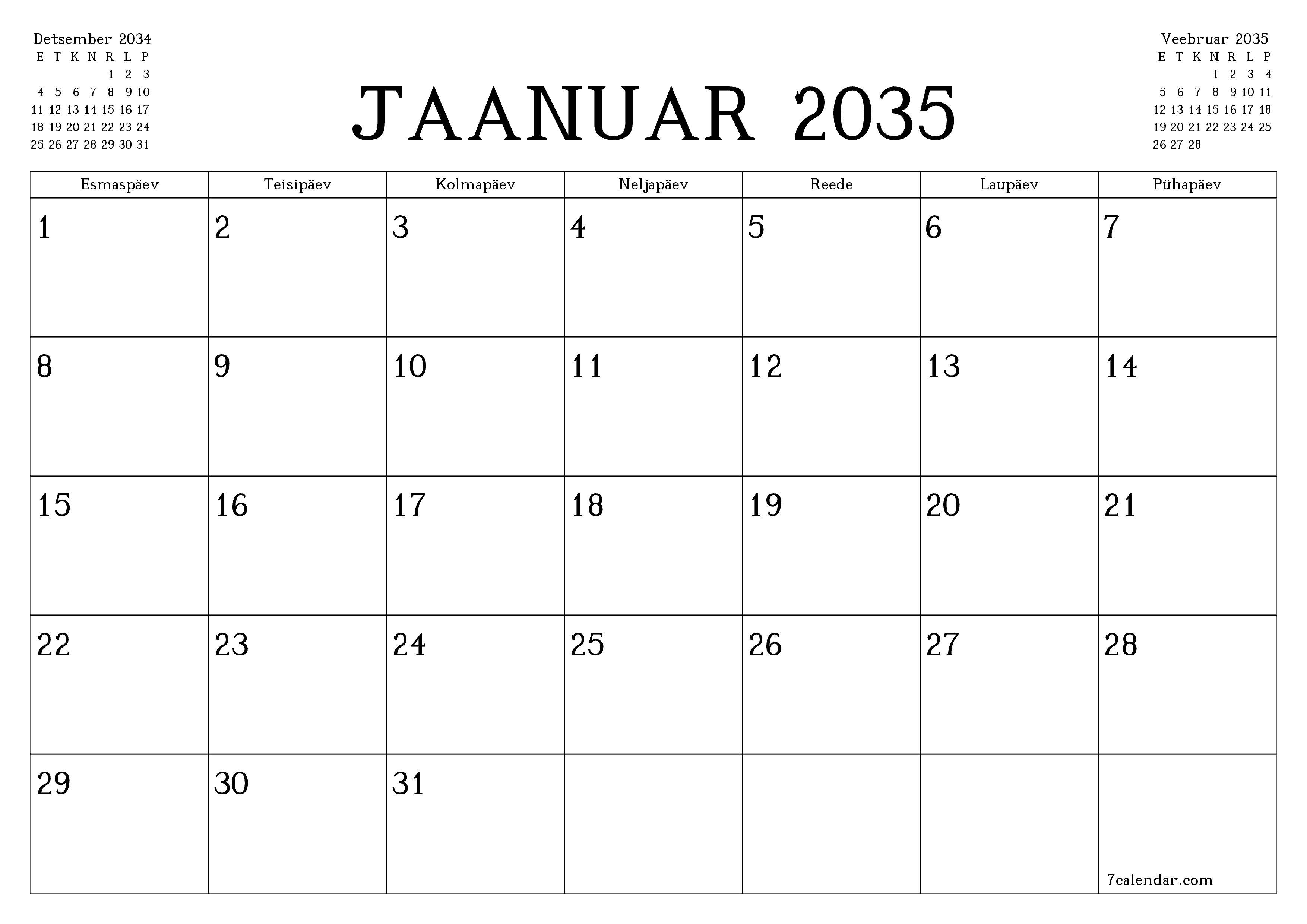 Tühjendage kuu Jaanuar 2035 kuuplaneerija märkmetega, salvestage ja printige PDF-i PNG Estonian