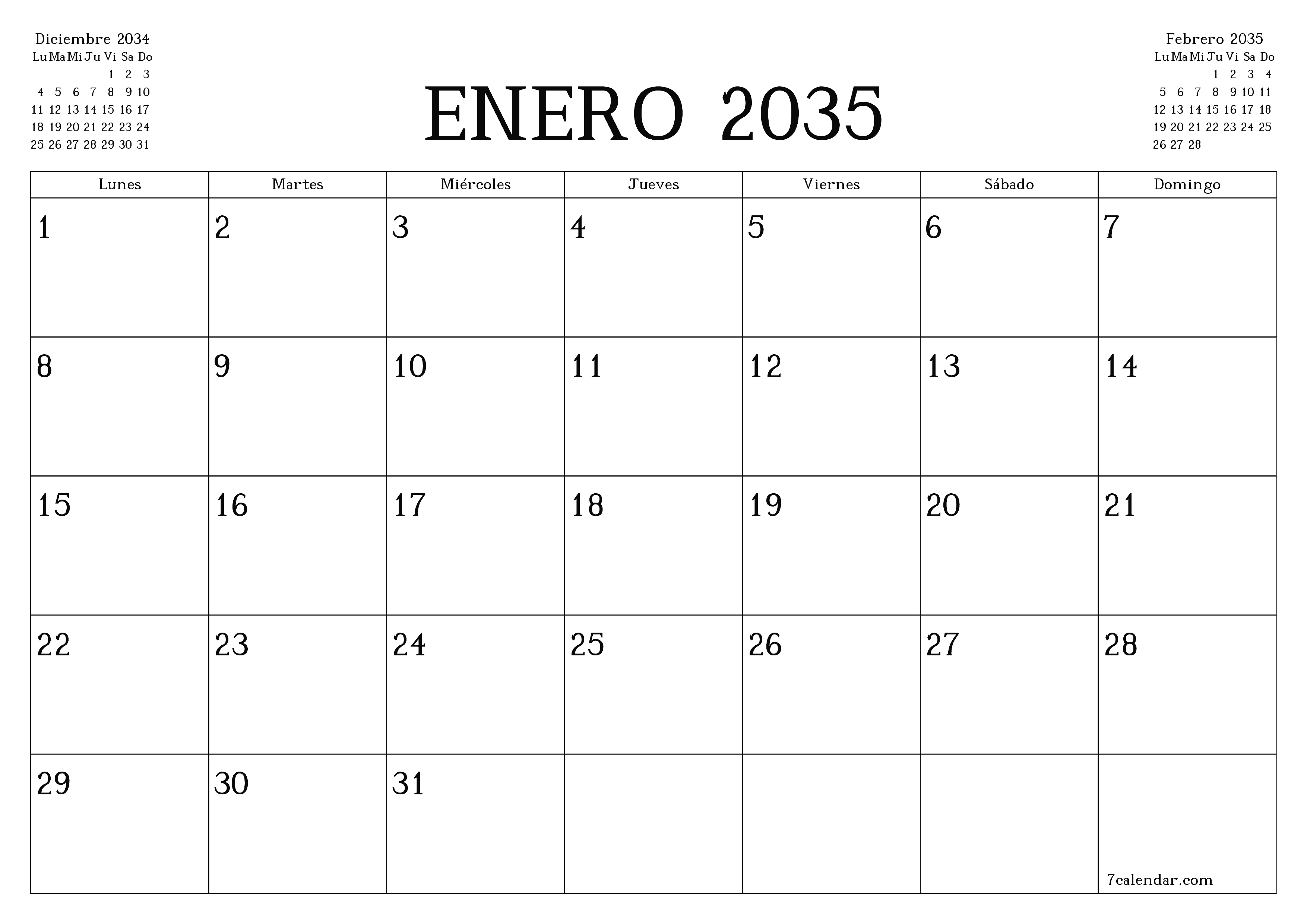 Planificador mensual vacío para el mes Enero 2035 con notas, guardar e imprimir en PDF PNG Spanish