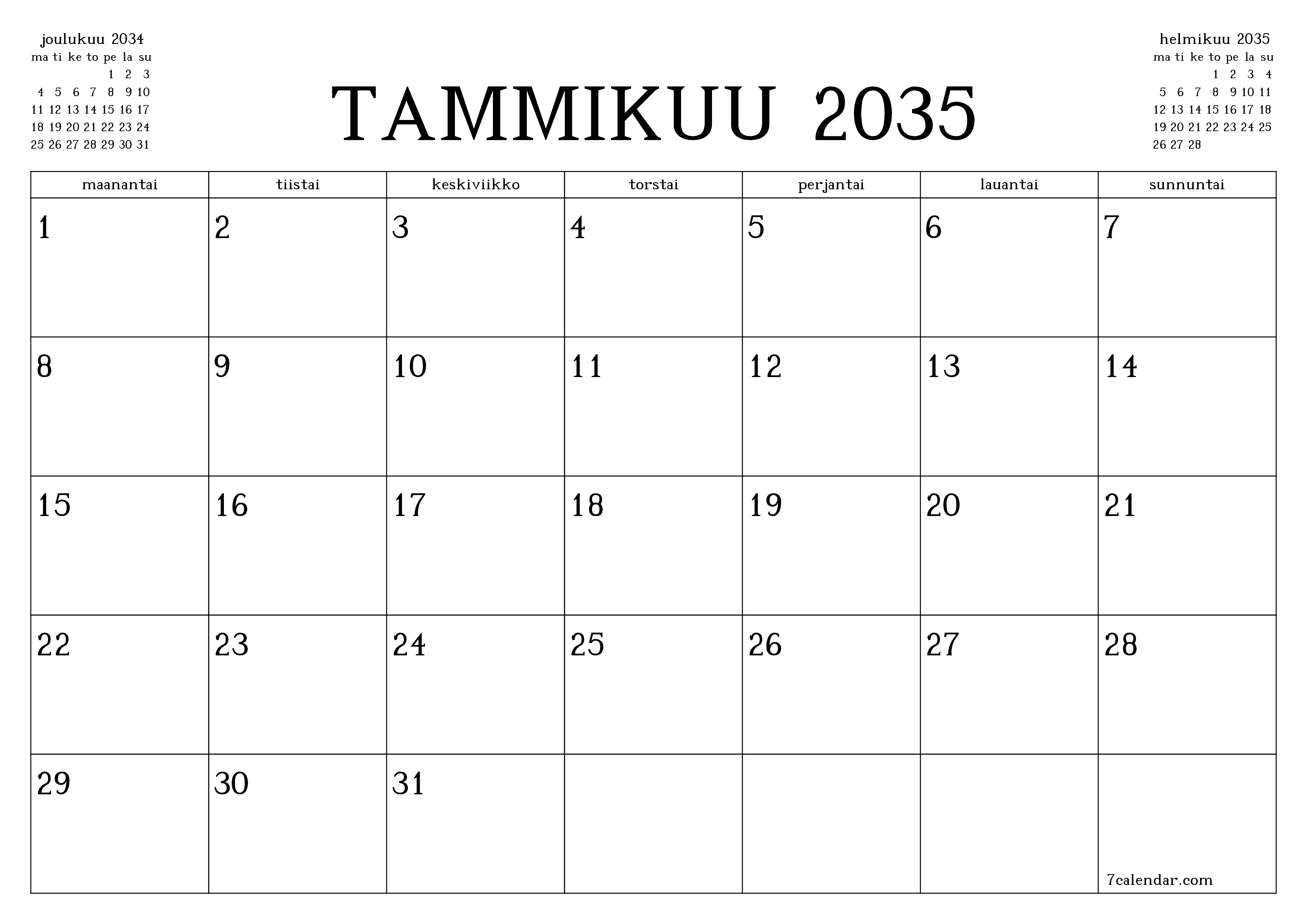 Tyhjennä kuukausittainen suunnittelija kuukaudelle Tammikuu 2035 muistiinpanoilla, tallenna ja tulosta PDF-muotoon PNG Finnish