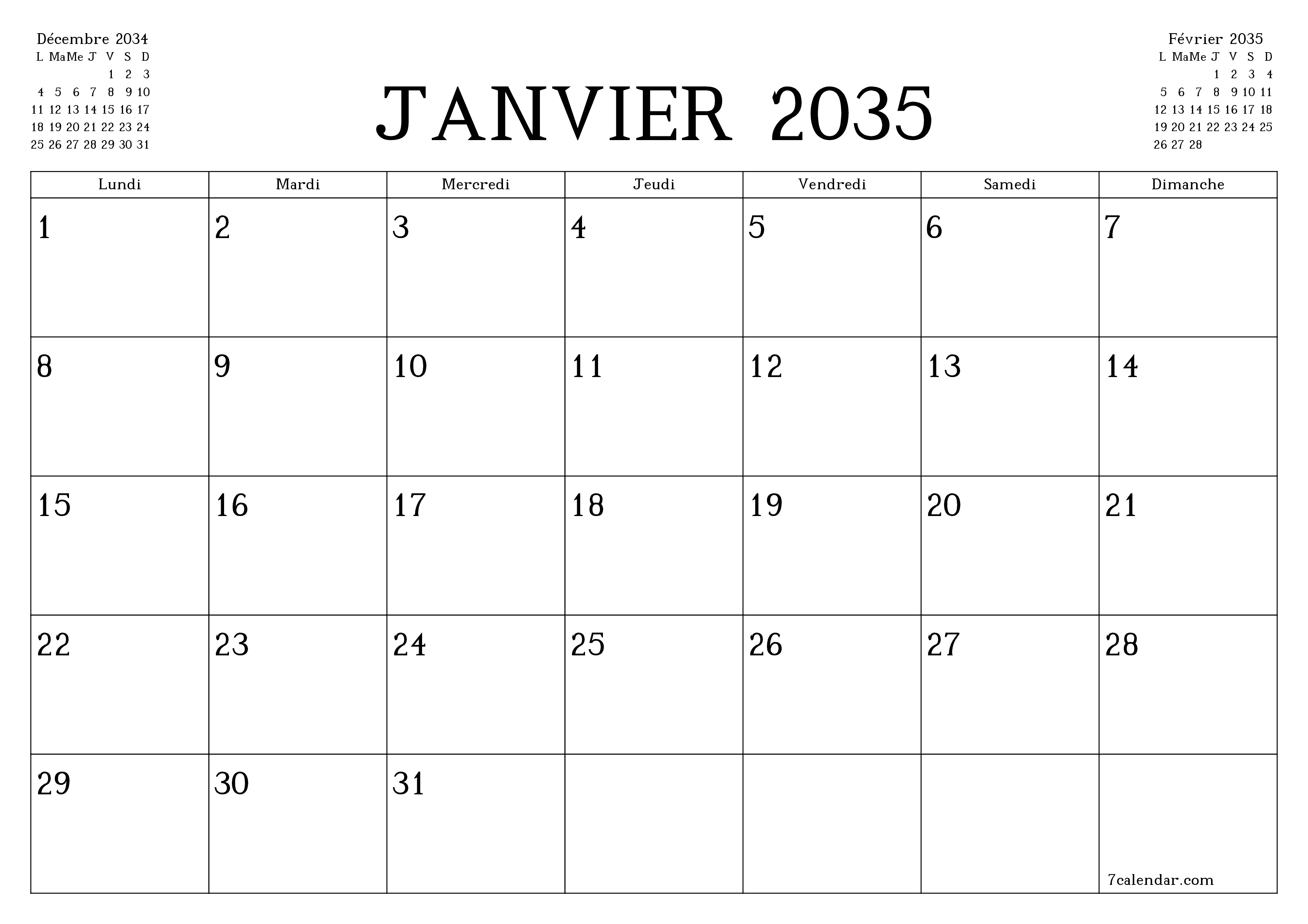 Agenda mensuel vide pour le mois Janvier 2035 avec notes, enregistrez et imprimez au format PDF PNG French