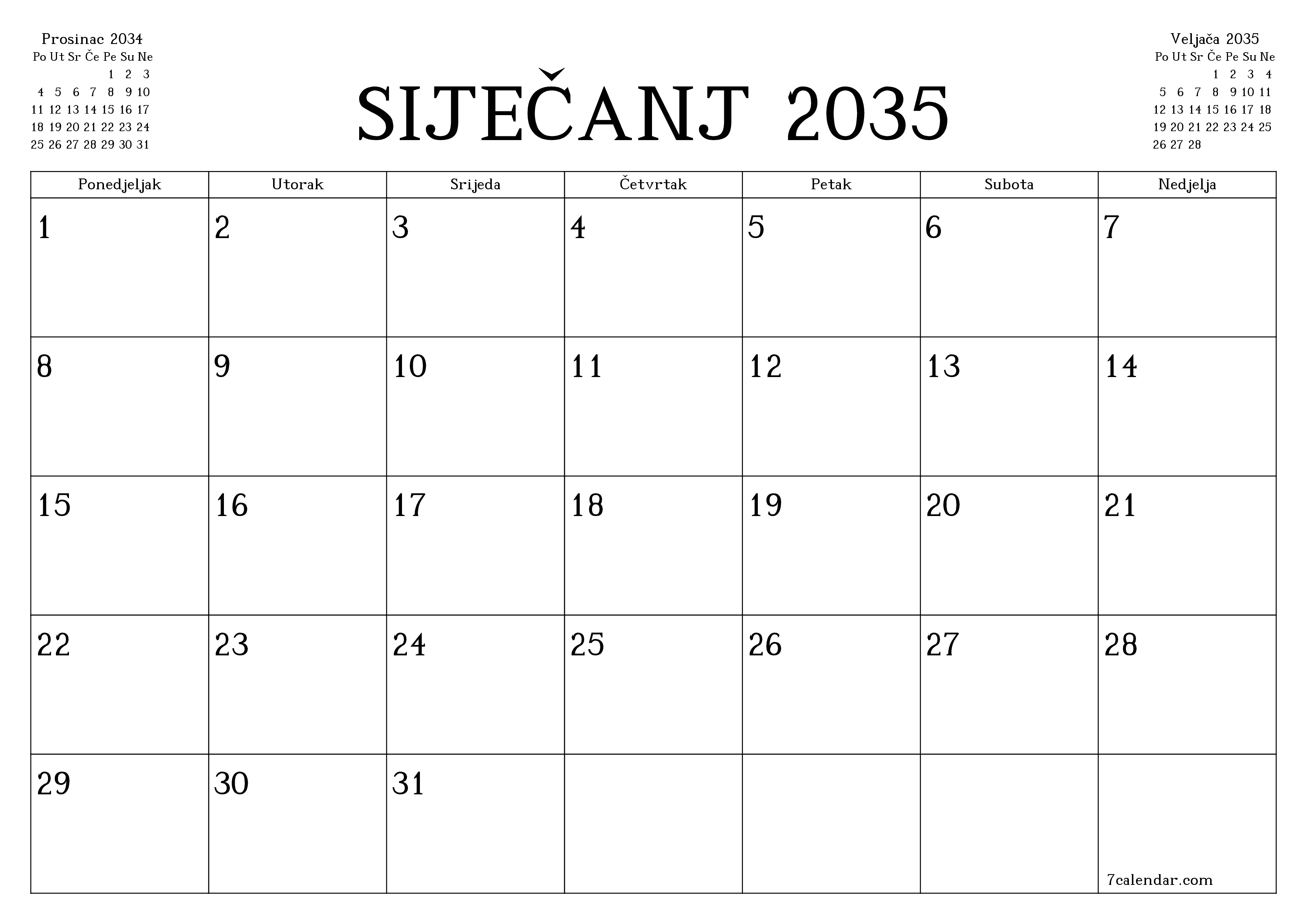 Ispraznite mjesečni planer za mjesec Siječanj 2035 s bilješkama, spremite i ispišite u PDF PNG Croatian