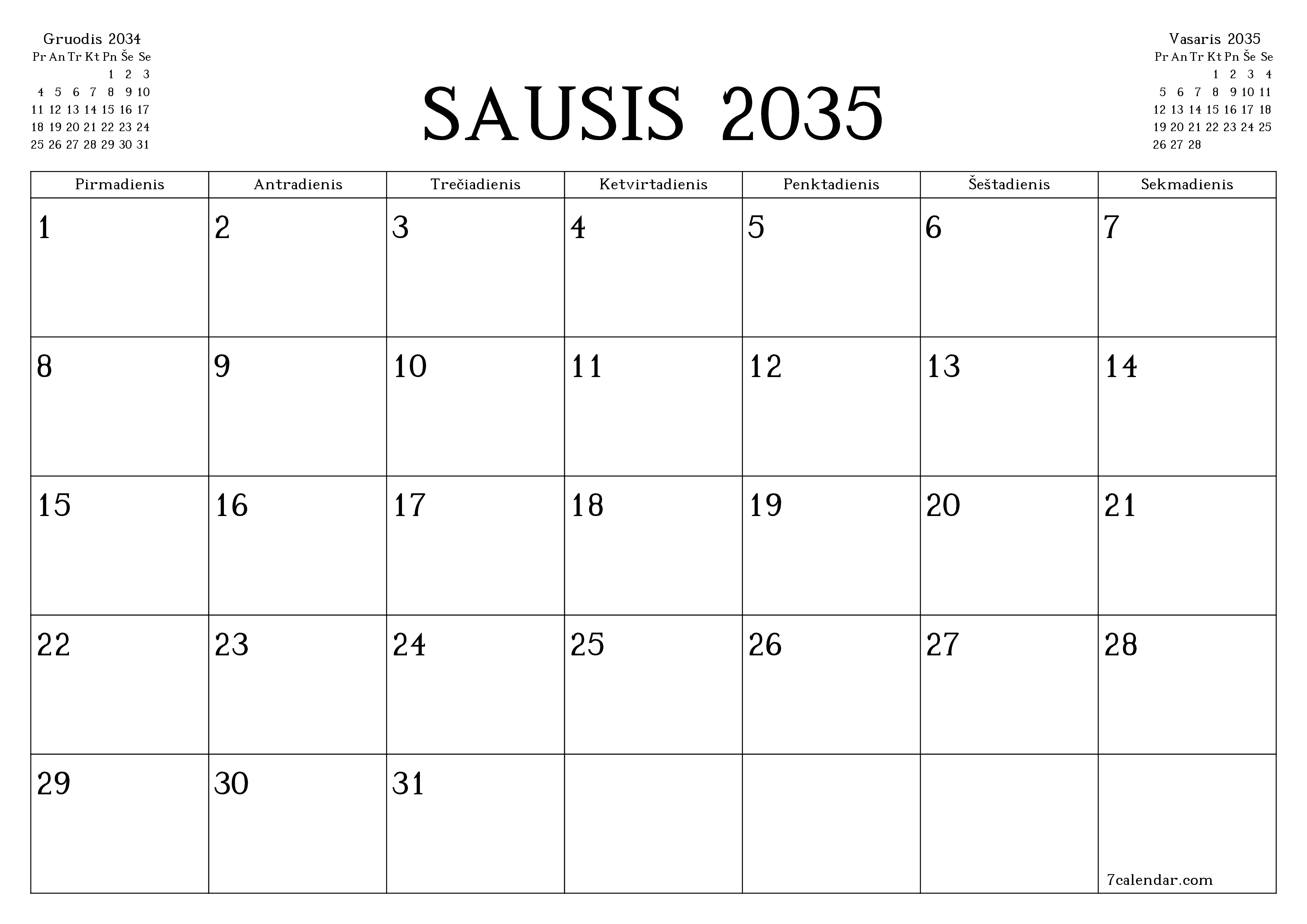 Ištuštinti mėnesio Sausis 2035 mėnesio planavimo priemonę su užrašais, išsaugoti ir atsispausdinti PDF formate PNG Lithuanian