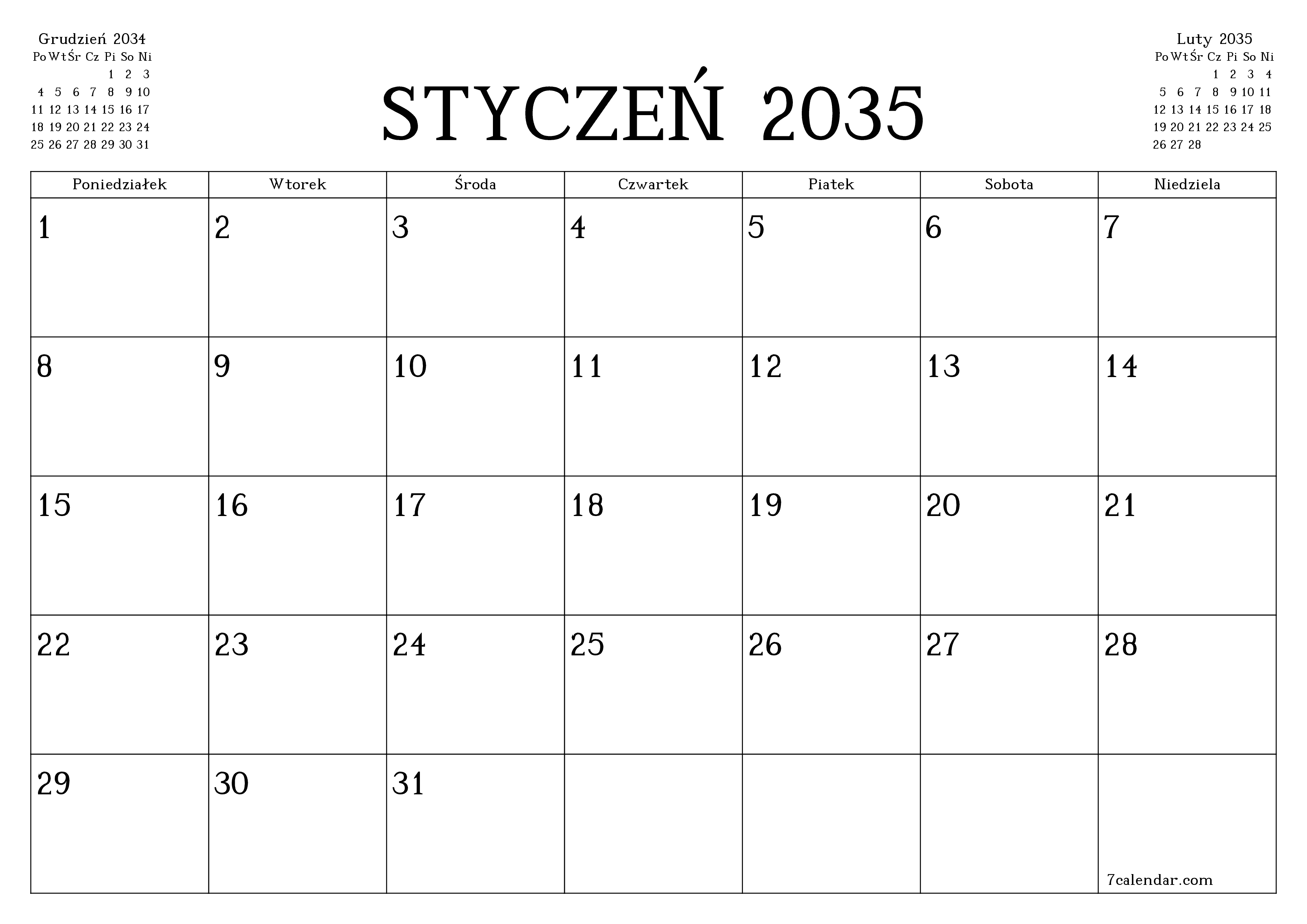 Opróżnij miesięczny planer na miesiąc Styczeń 2035 z notatkami, zapisz i wydrukuj w formacie PDF PNG Polish