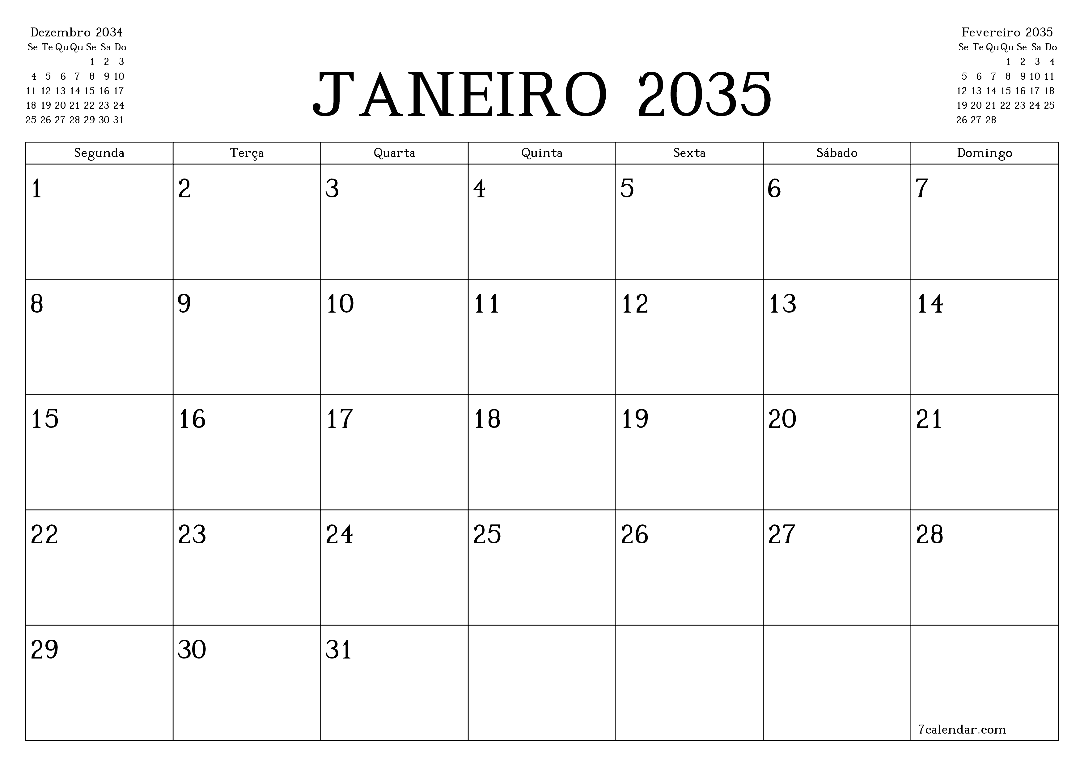 Esvazie o planejador mensal para o mês Janeiro 2035 com notas, salve e imprima em PDF PNG Portuguese