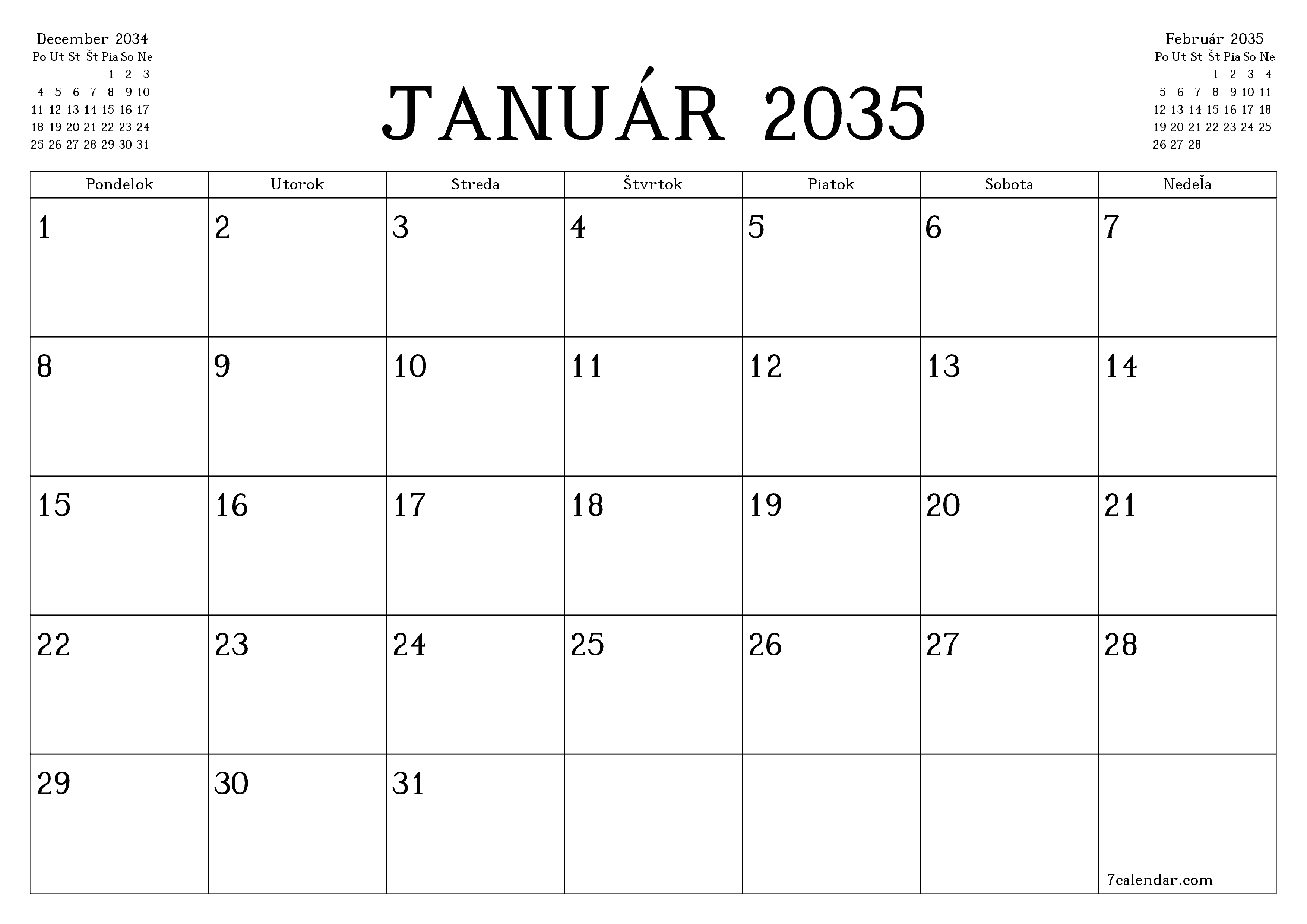 Prázdny mesačný plánovač na mesiac Január 2035 s poznámkami, uloženie a tlač do PDF PNG Slovak