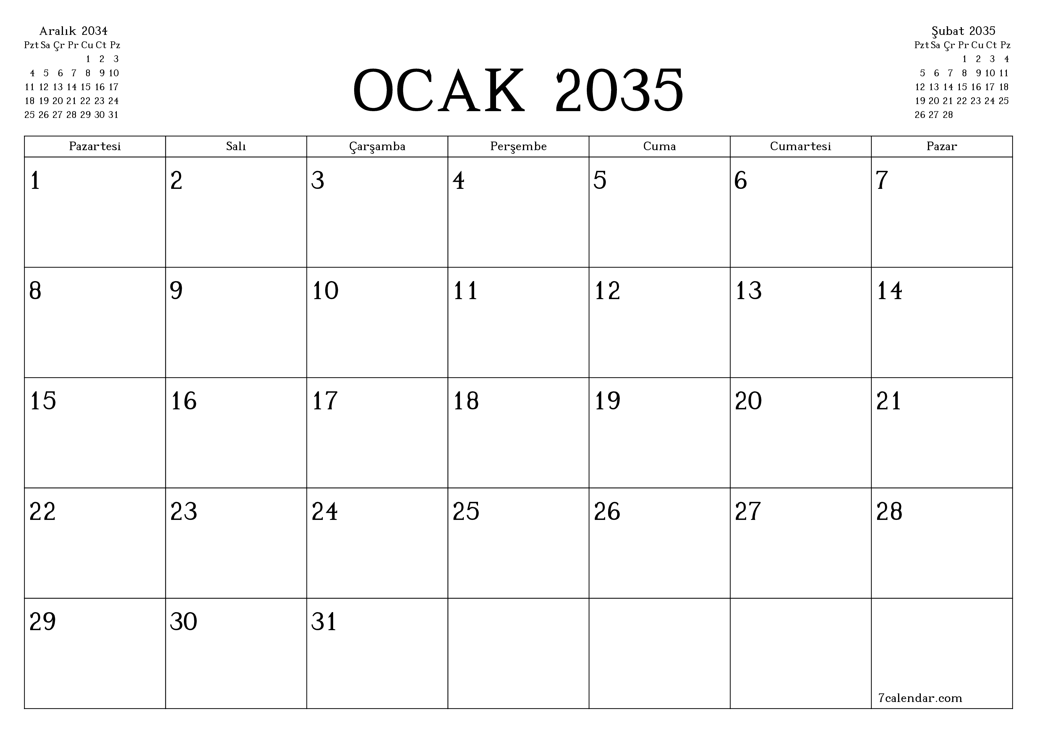 Ocak 2035 ayı için notlarla birlikte boş aylık planlayıcı, kaydedin ve PDF'ye yazdırın PNG Turkish