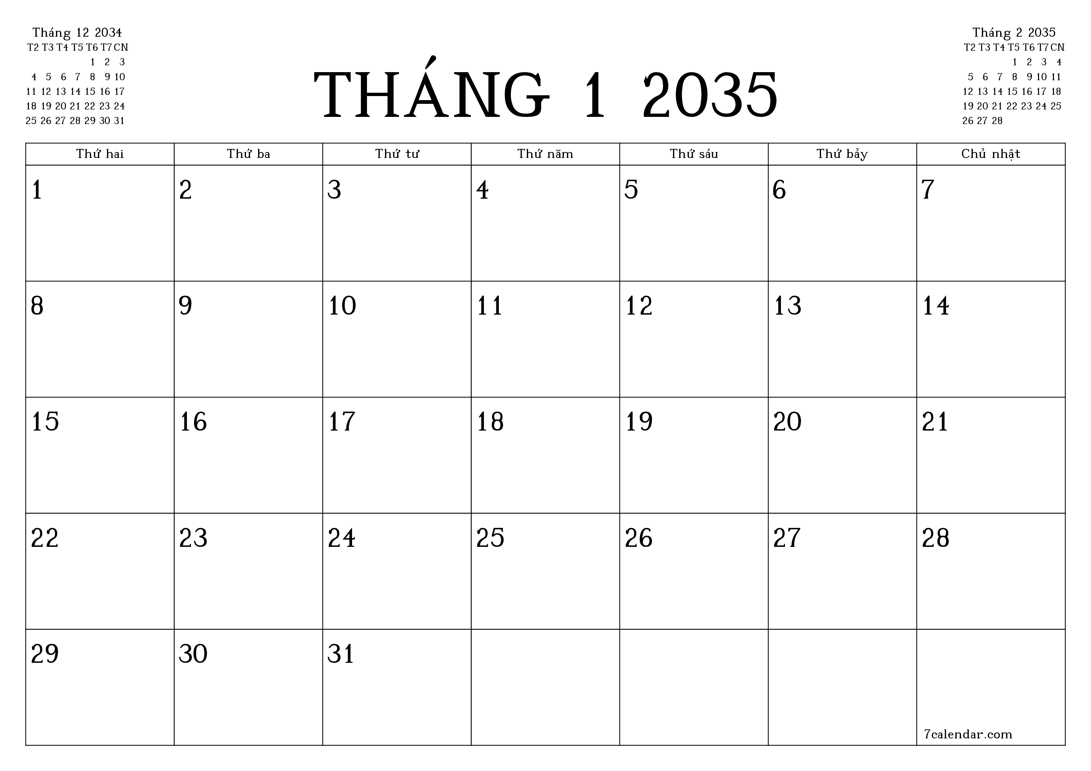 Công cụ lập kế hoạch hàng tháng trống cho tháng Tháng 1 2035 có ghi chú, lưu và in sang PDF PNG Vietnamese