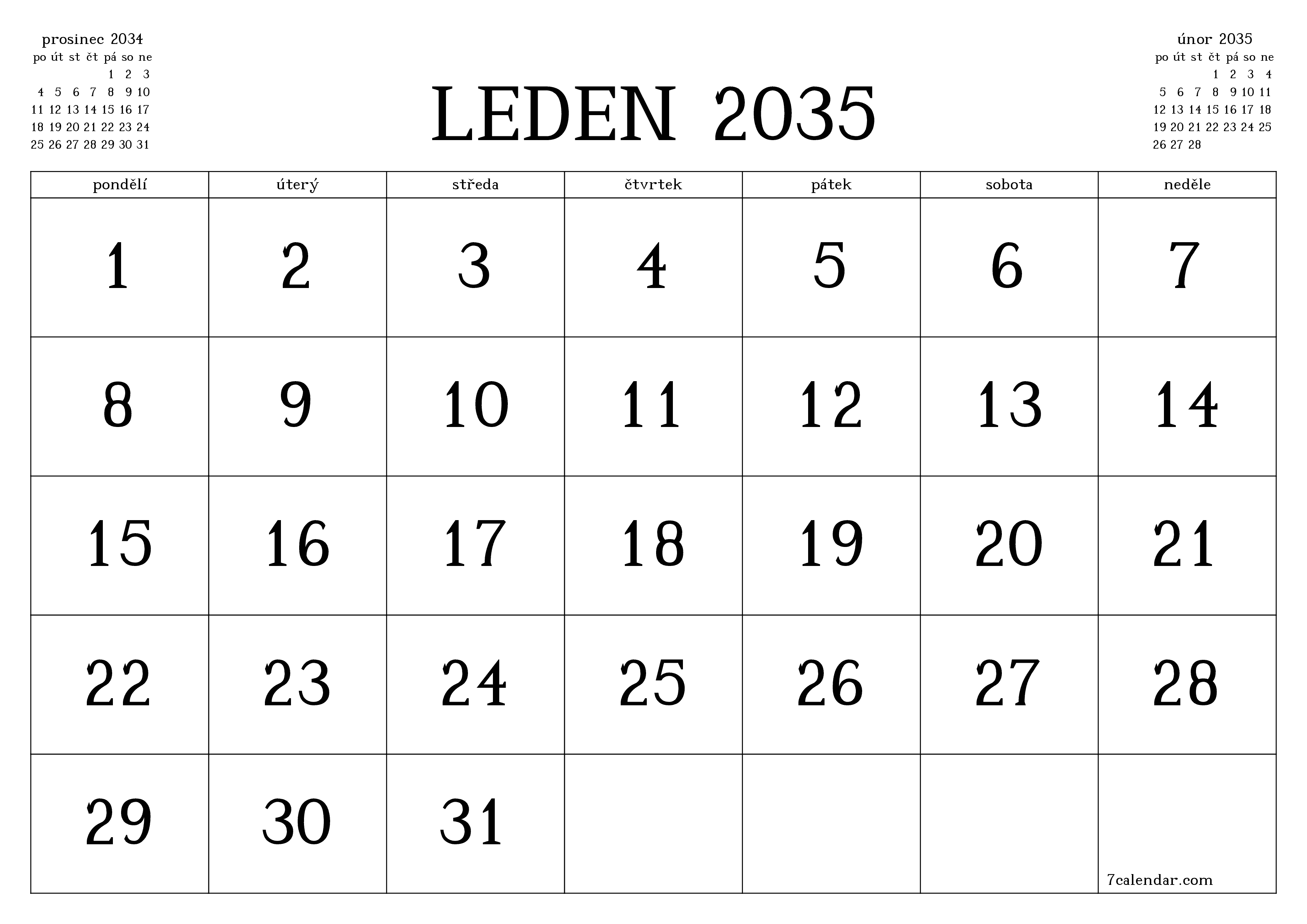 Vyprázdnit měsíční plánovač na měsíc leden 2035 s poznámkami, uložit a vytisknout do PDF PNG Czech