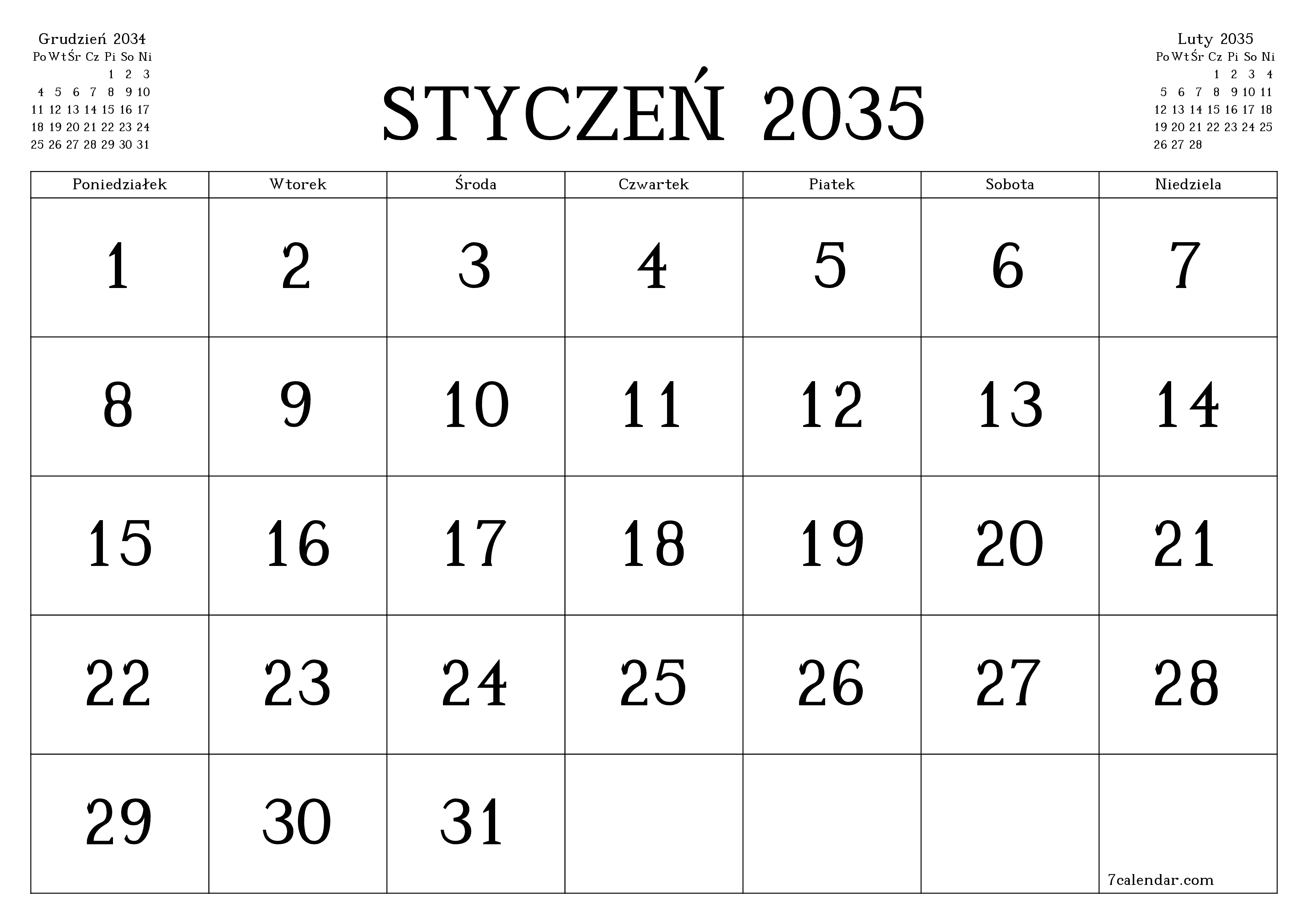 Opróżnij miesięczny planer na miesiąc Styczeń 2035 z notatkami, zapisz i wydrukuj w formacie PDF PNG Polish