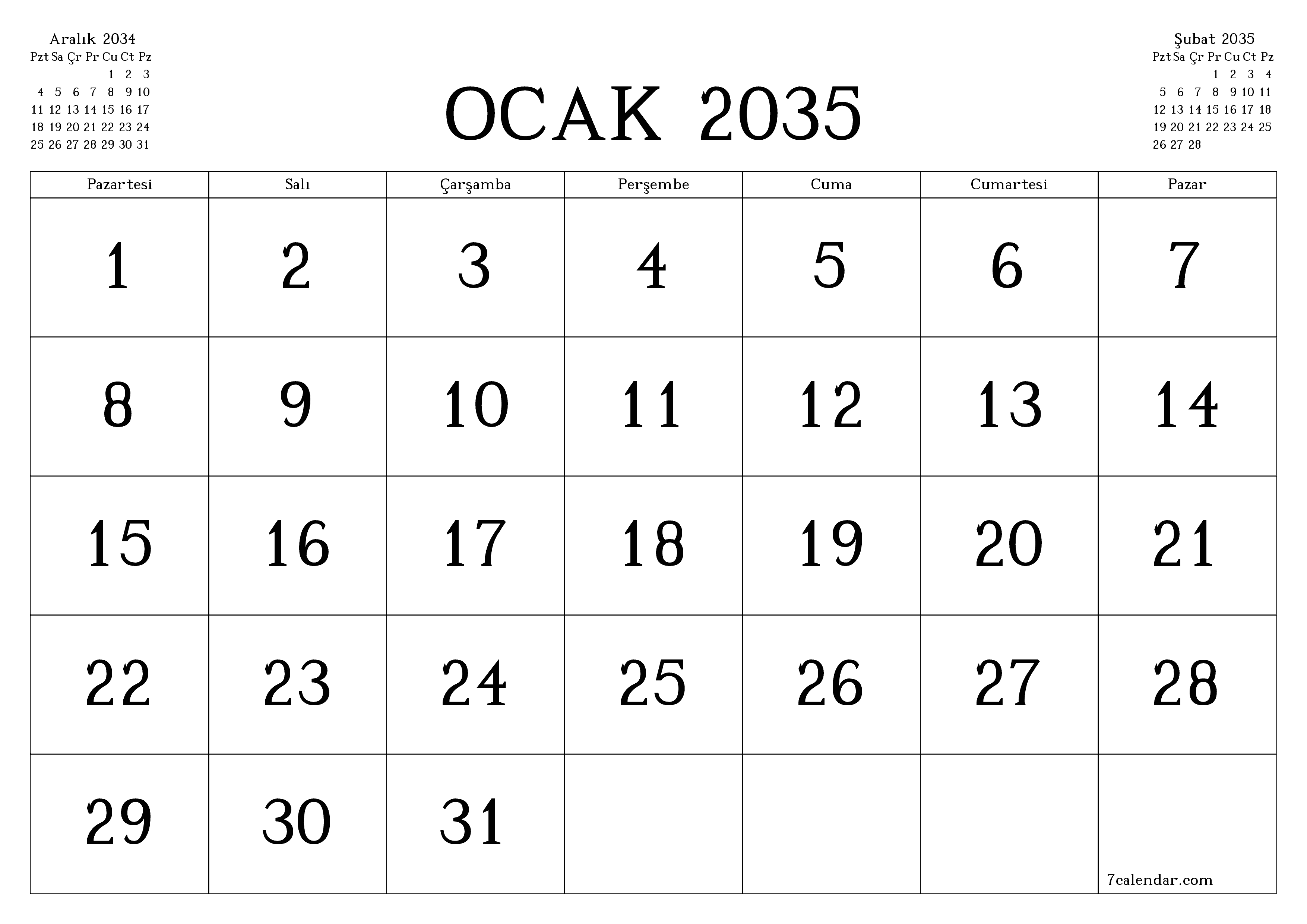 Ocak 2035 ayı için notlarla birlikte boş aylık planlayıcı, kaydedin ve PDF'ye yazdırın PNG Turkish